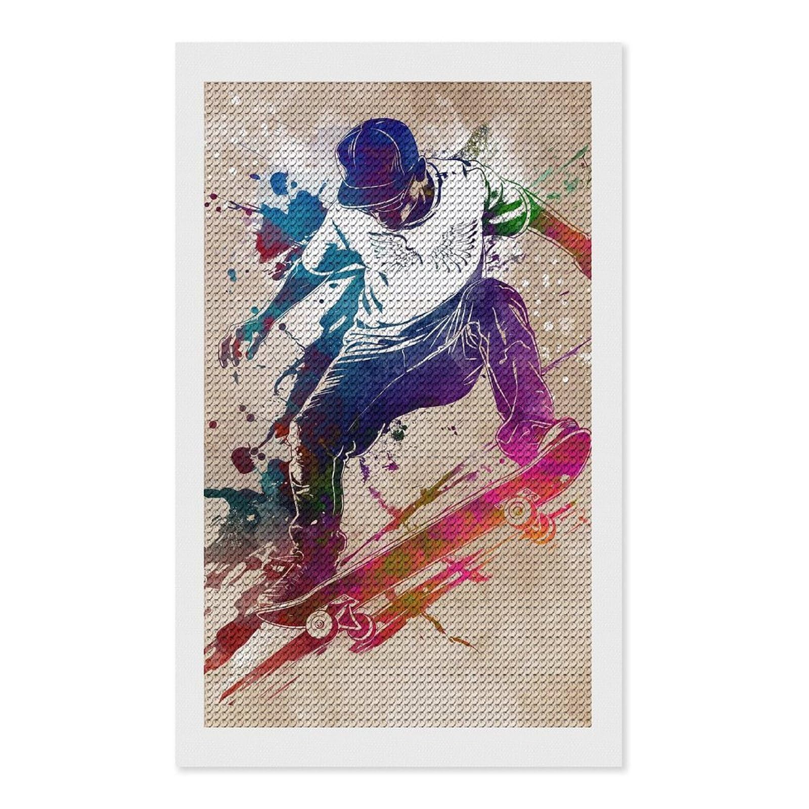 Junmoney Skateboarder Watercolor Art Round Drill Diamond Painting 12"x20", for Women, Relaxing DIY Hobby, Bedroom Decor, Christmas Gift, Adhesive Canvas