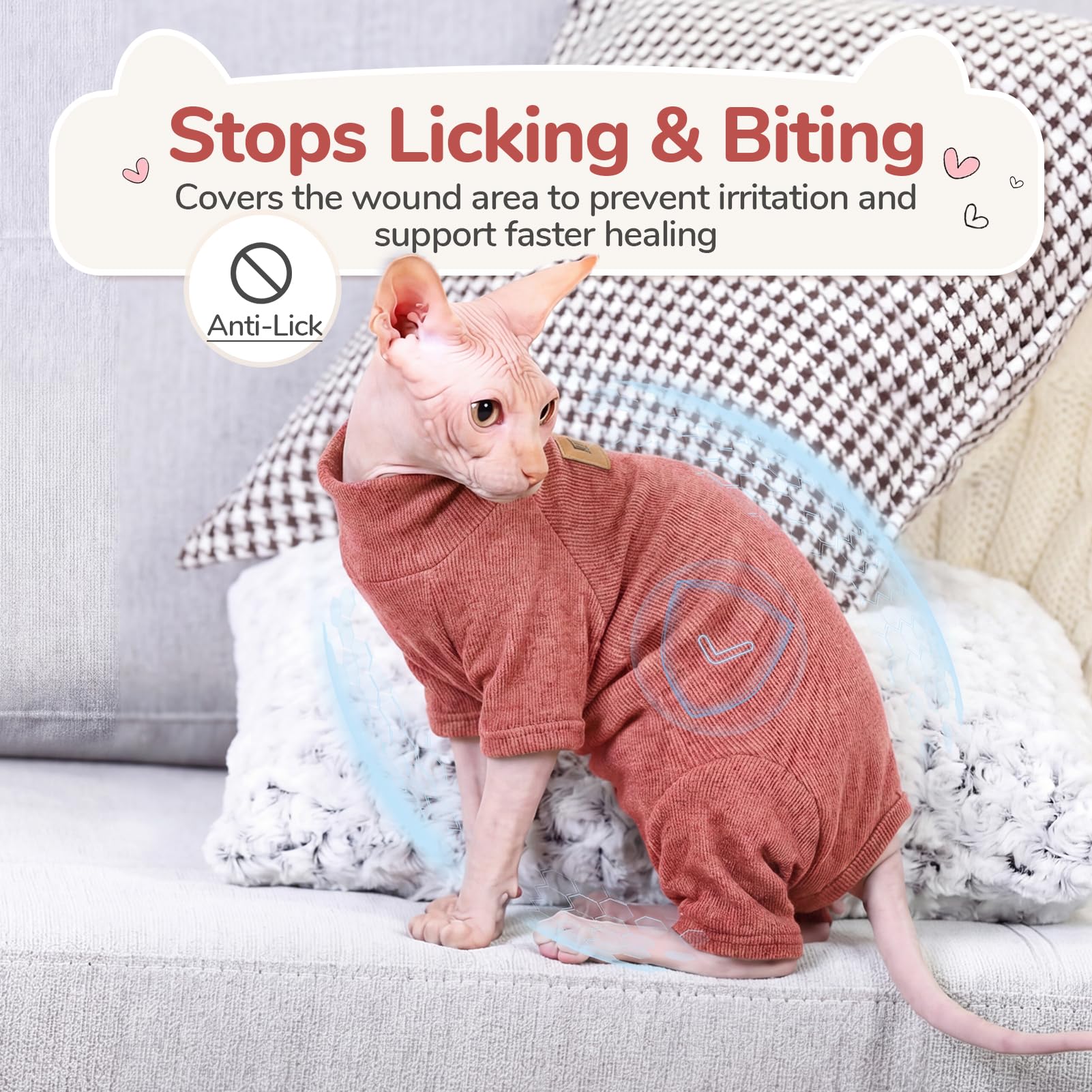 Traje Post operatorio Gato, Body Gato sin Pelo, Ropa recuperación Gato Polar cálida, Body Gato elástico 4 Patas, protección Tras cirugía, Rojo Óxido XXL