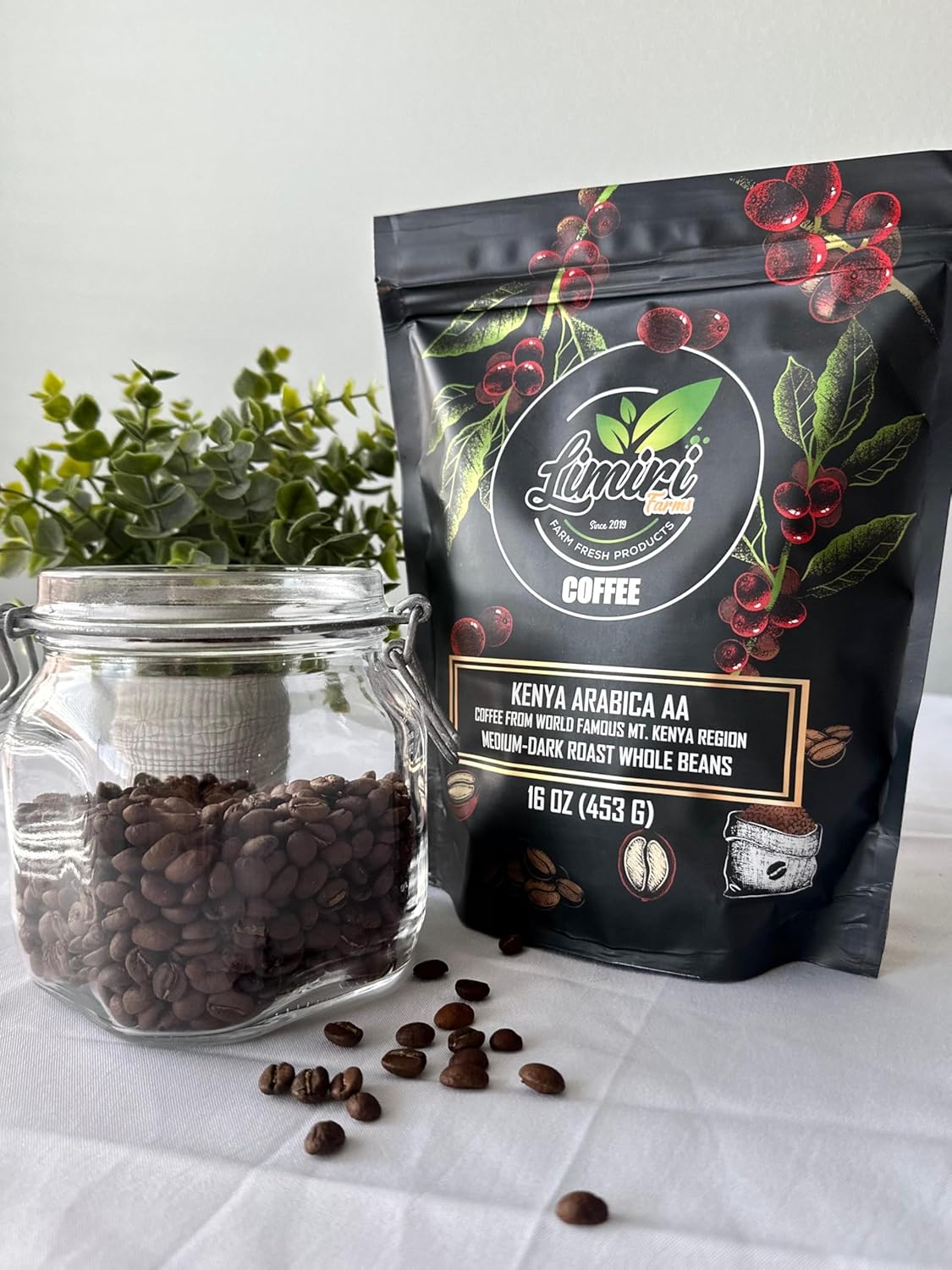 Limiri Kenya Arabica AA Coffee, Medium-Dark Roast Whole Beans, Mt. Kenya Region, 16 oz (453 g)