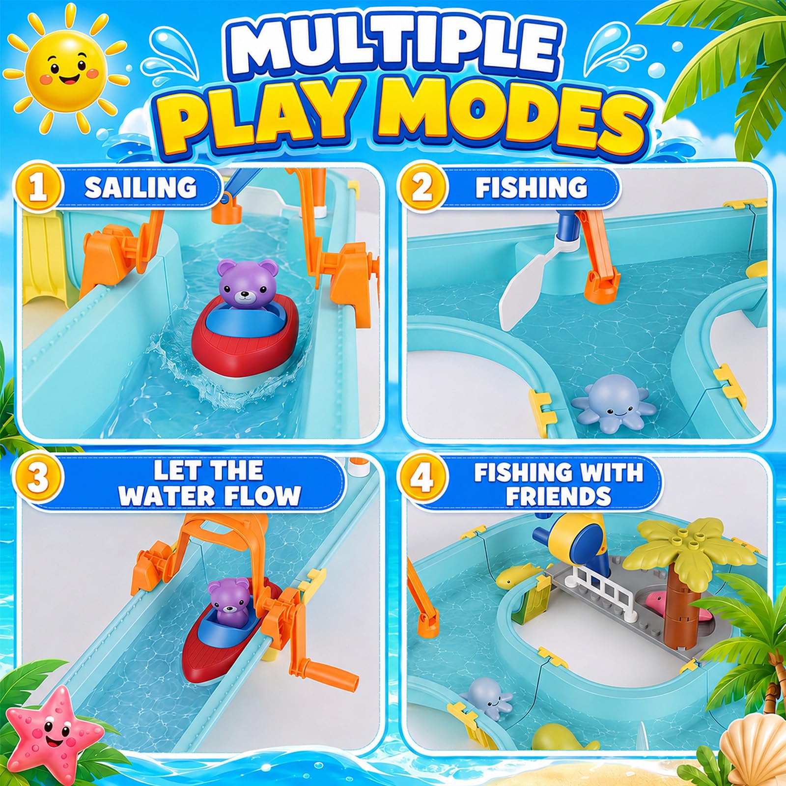 Mesa de Agua para Niños 58 Piezas Juguete de Agua – Esclusas, Barcos y Caña de Pescar Magnética Incl. 6 Figuras de Animales | Juguete Acuático para Niños de 3+ Años para Jardín, Terraza y Playa