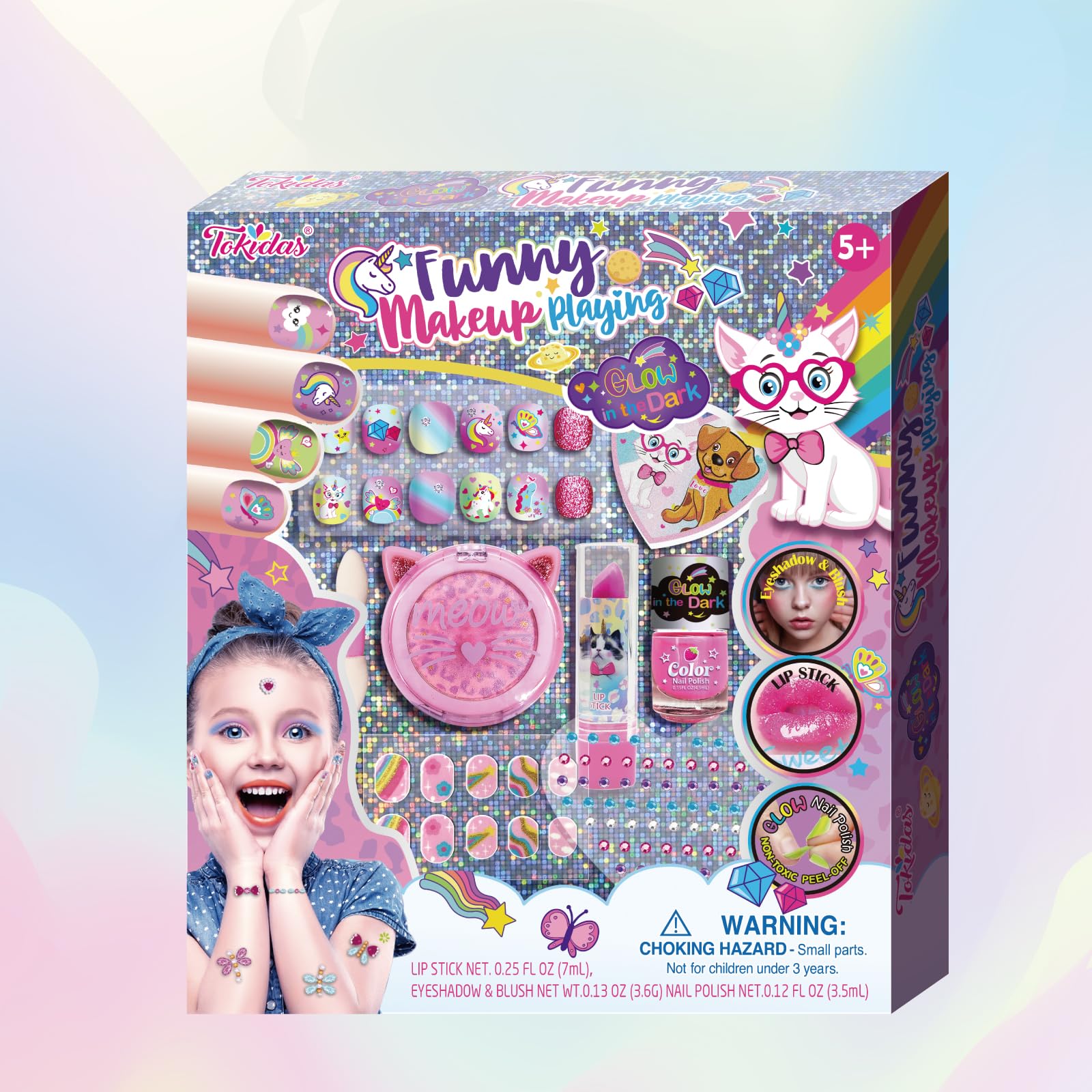 Tokidas Kids Makeup Sets Funny Makeup Playing Nail Polish Glow in The Dark Press on Nails Eyeshadow Blush Lip Stick Gem Stickers Kids Toys for Birthday Gifts