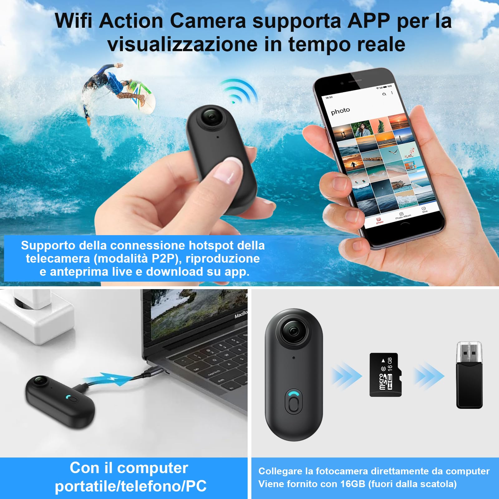 LXMIMI Mini Action Camera, Telecamera Sportiva Wifi 170°