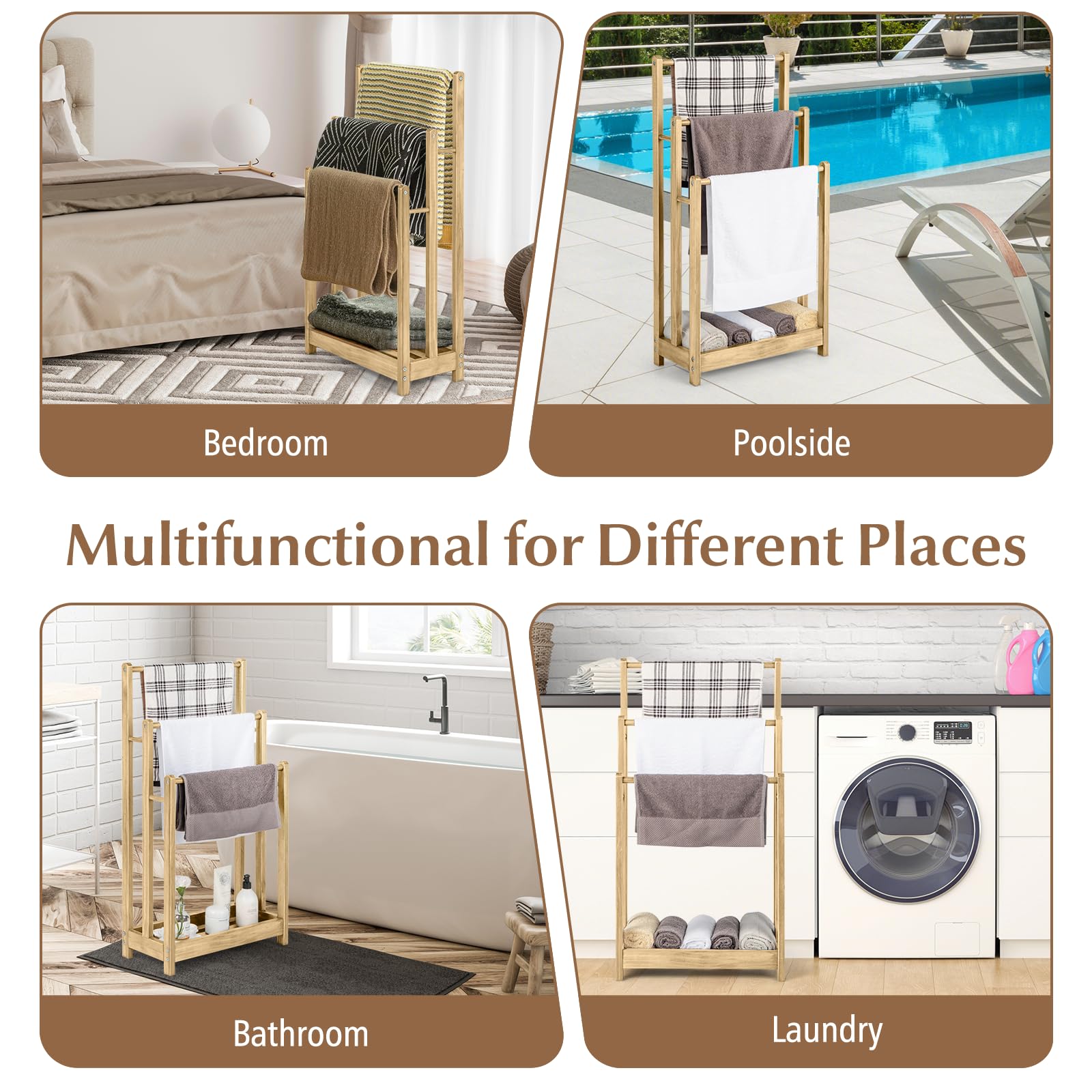 RELAX4LIFE Portasciugamani a 3 livelli, portasciugamani autoportante con ripiano inferiore e dispositivo anti-ribaltamento, supporto in legno per bagno, hotel a bordo piscina (naturale)