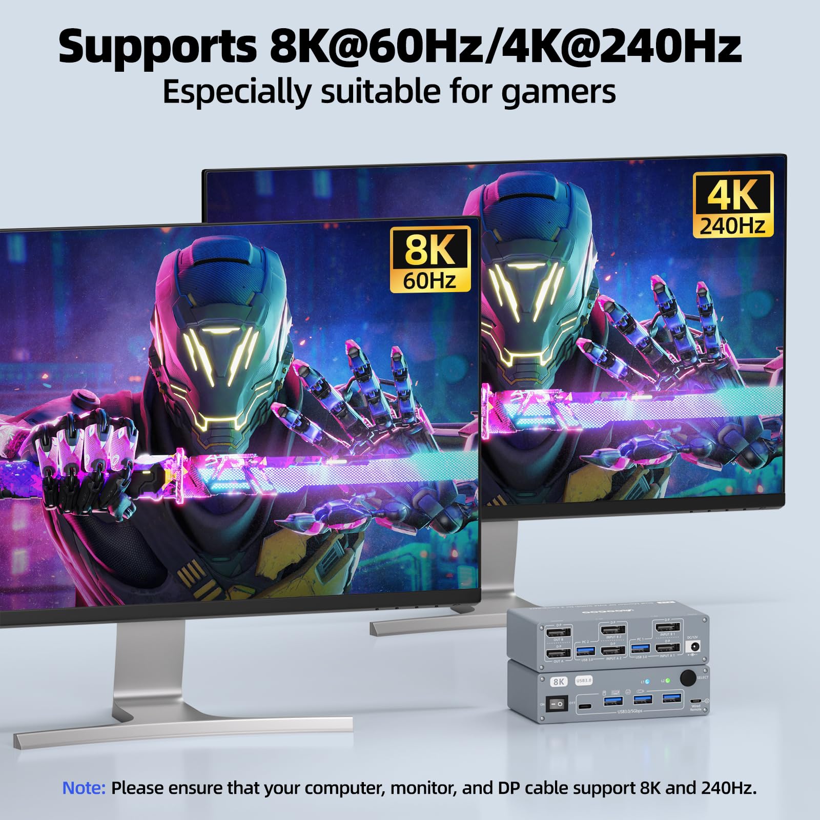 Displayport KVM Switch 2 computer 2 monitor, 8K@60Hz/4K@240Hz Dual Monitor KVM Switch con 4 porte USB 3.0, cavi USB e alimentatore, ideale per home office e gaming