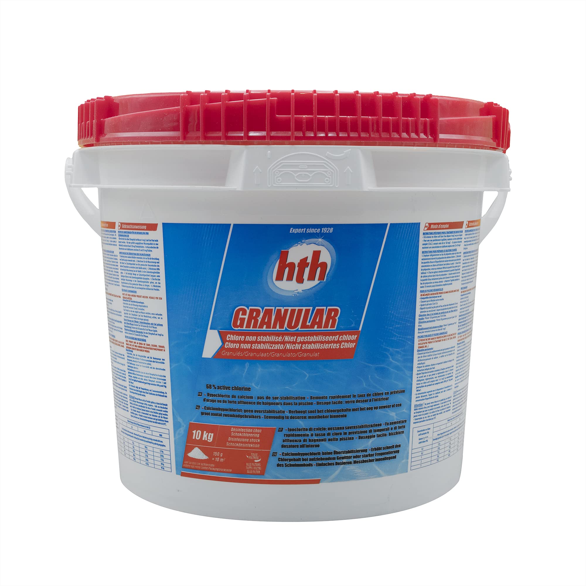 HTH GRANULAR Granulés - 10kg | Chlore Choc Non Stabilisé - Désinfection Choc - Hypochlorite de Calcium à Dissolution Rapide + 10 Tests HPS OFFERTS 6 en 1