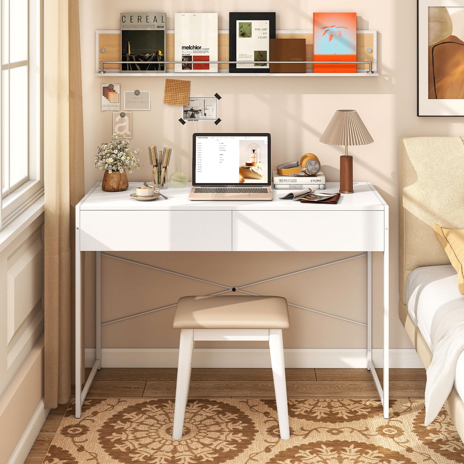 COSTWAY Scrivania per Computer con 2 Cassetti, Scrivania Porta PC con Telaio in Metallo e Legno, Posizione da Lavoro per Studio e Ufficio, Portata 100 kg, 112 x 48 x 76 cm (Bianco)