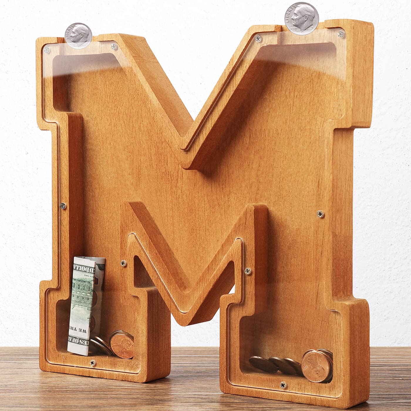 Wooden Letter Piggy Bank for Kids Boys Girls Large 26 Alphabet Money Bank Personalized Custom Name Transparent Saving Coin Bank, Perfect Christmas,