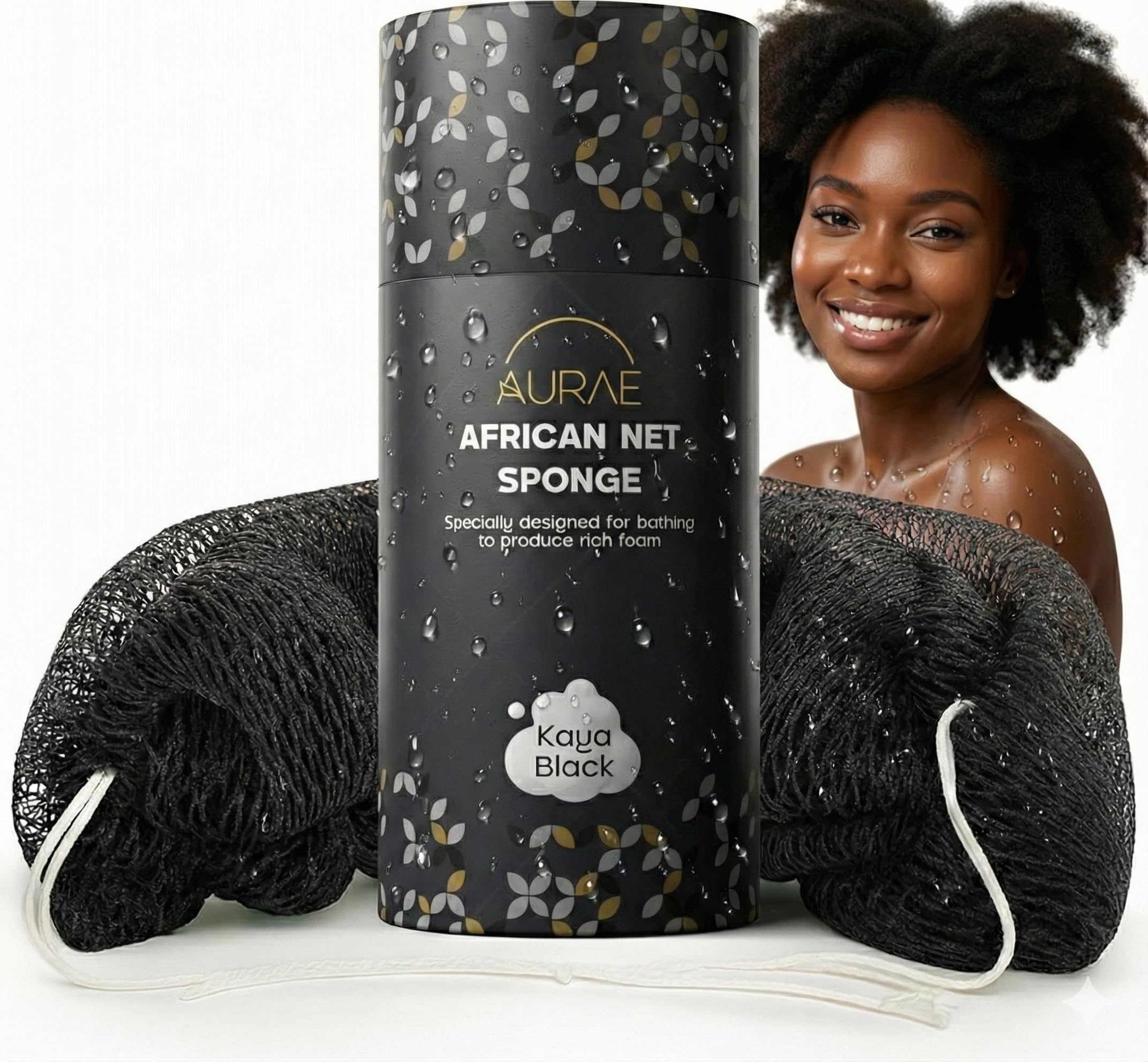 AURAE Premium African Net Sponge – Authentic Exfoliating Body Scrubber, 45-Inch, Quick-Drying – Black