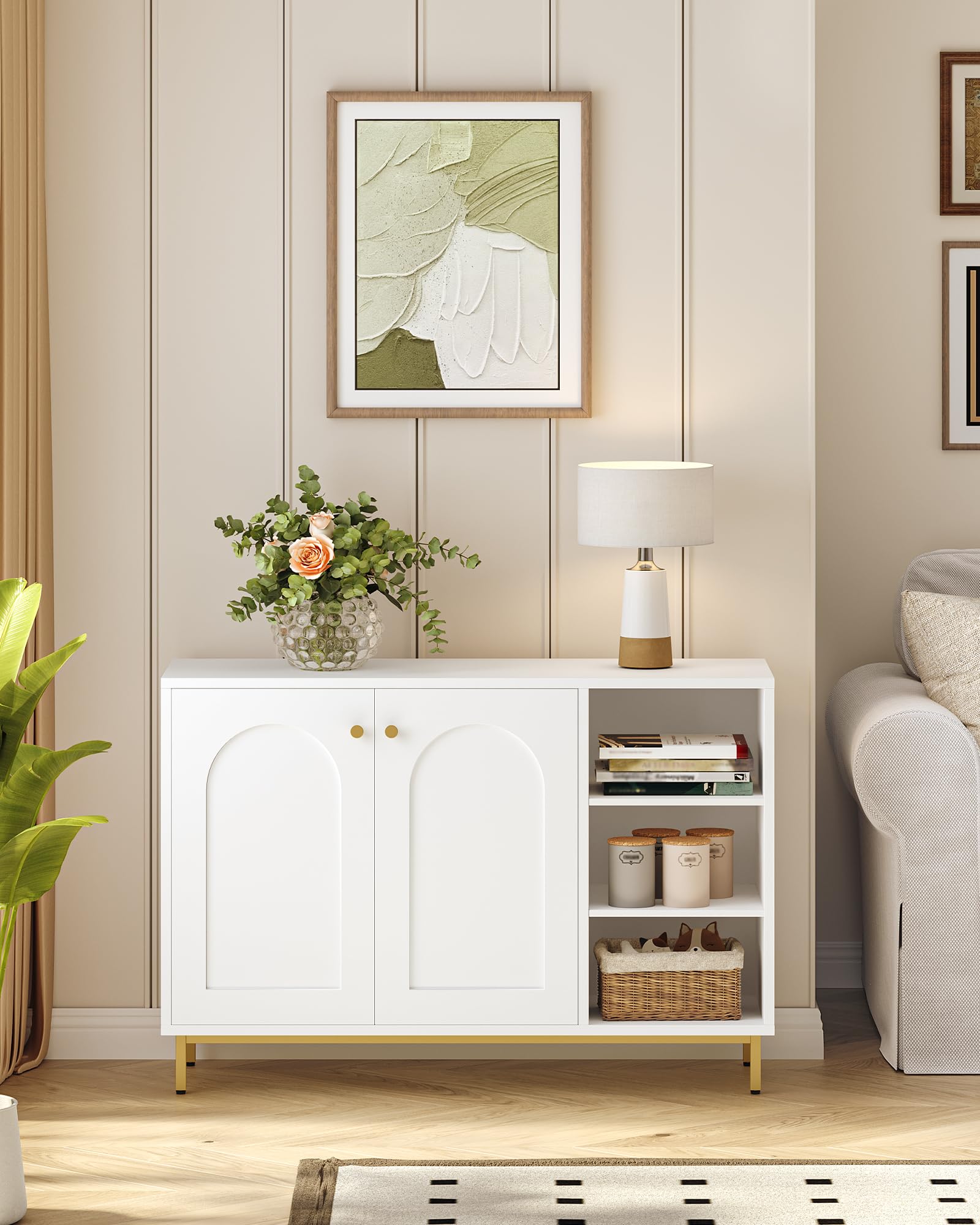 Hzuaneri Mobile da Bagno, Armadietto Autoportante, con 3 Ripiani Aperti Regolabili e 2 ante, Grande Capacità di Stoccaggio, per Bagno, Soggiorno, Ingresso, Cucina, Bianco-Oro SC10203G