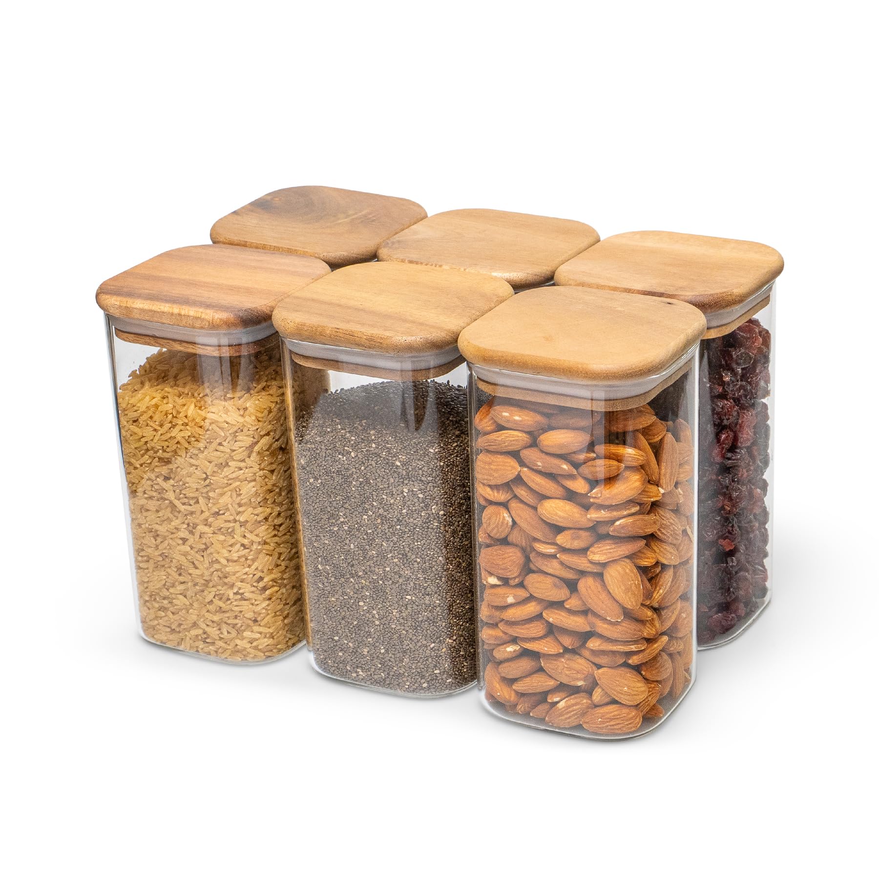 Bocaux de conservation avec couvercle en bois d'acacia - 6 x 800 ml - Lot de 6 boîtes de conservation hermétiques en verre borosilicate - Sans BPA - Empilables - Boîtes alimentaires pour