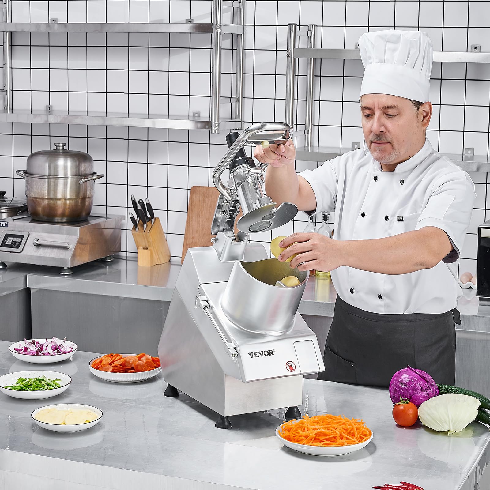 VEVOR Robot da Cucina e Tritatutto per Verdure, 2 Fori di Alimentazione, Robot da Cucina in Acciaio Inox per Uso Alimentare con 6 Lame Staccabili, Grattugia 3 mm/5 mm/7 mm/10 mm Affettatrice 2 mm/4 mm