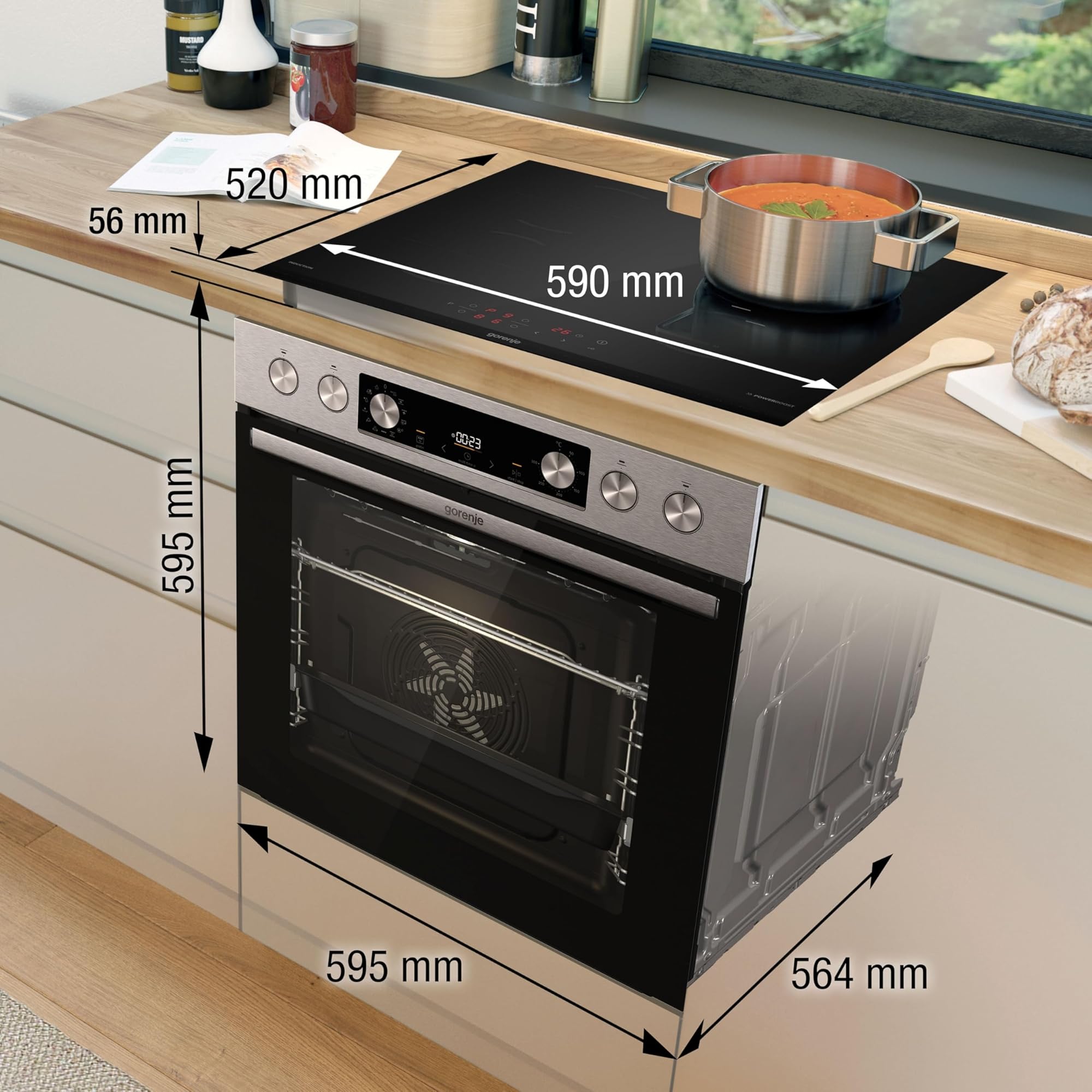 Gorenje Einbauherd-Set Heißluft 77L Glaskeramik-Kochfeld Inox ExtraSteam GentleClose EcoClean AirFry PizzaMode PerfectGrill Teleskopauszüge