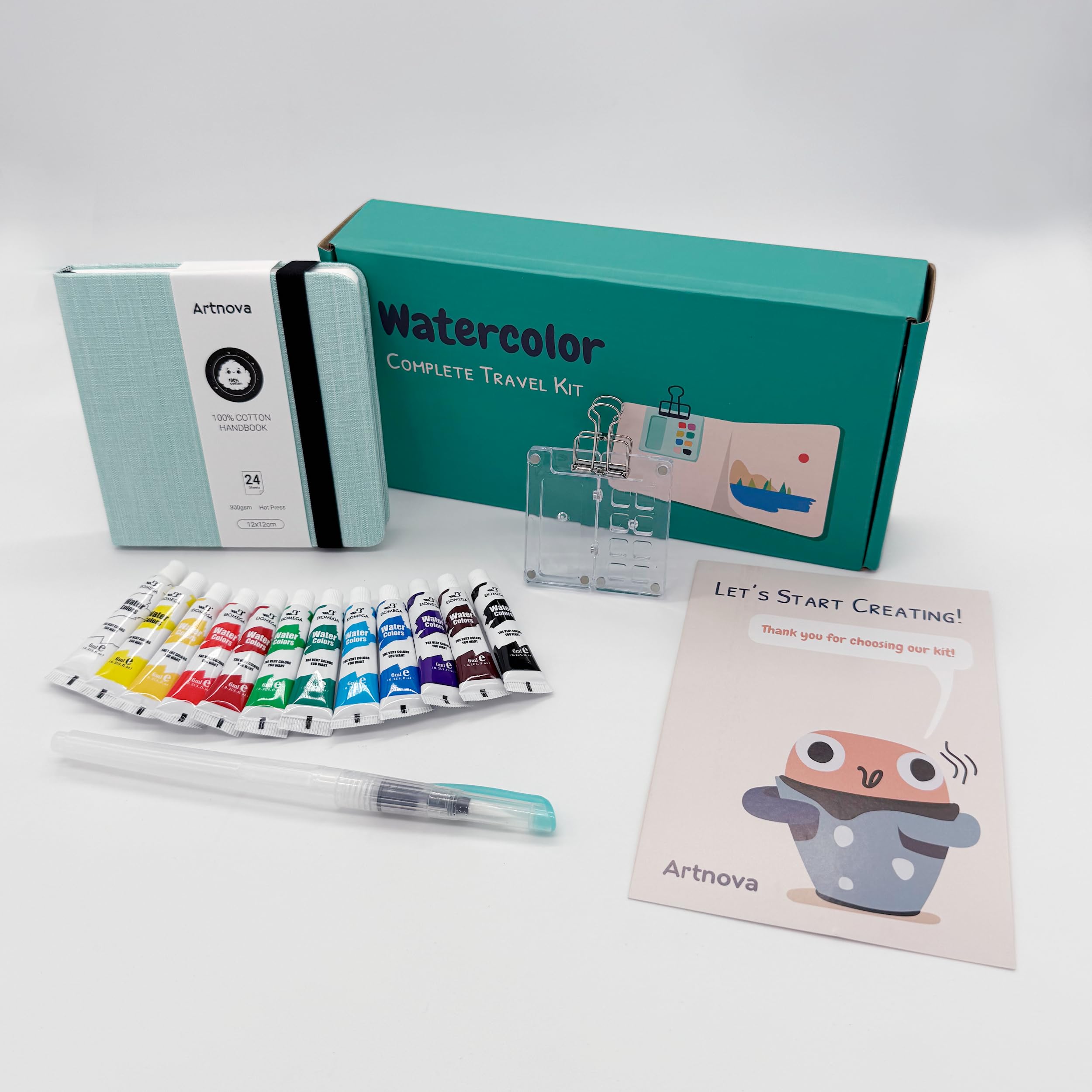 Kit per acquerello portatile | Set completo di taccuino 12 x 12 cm, Paletta pieghevole, 12 colori acrilici, pennello d'acqua e pinza, ideale per viaggi, regalo artistico