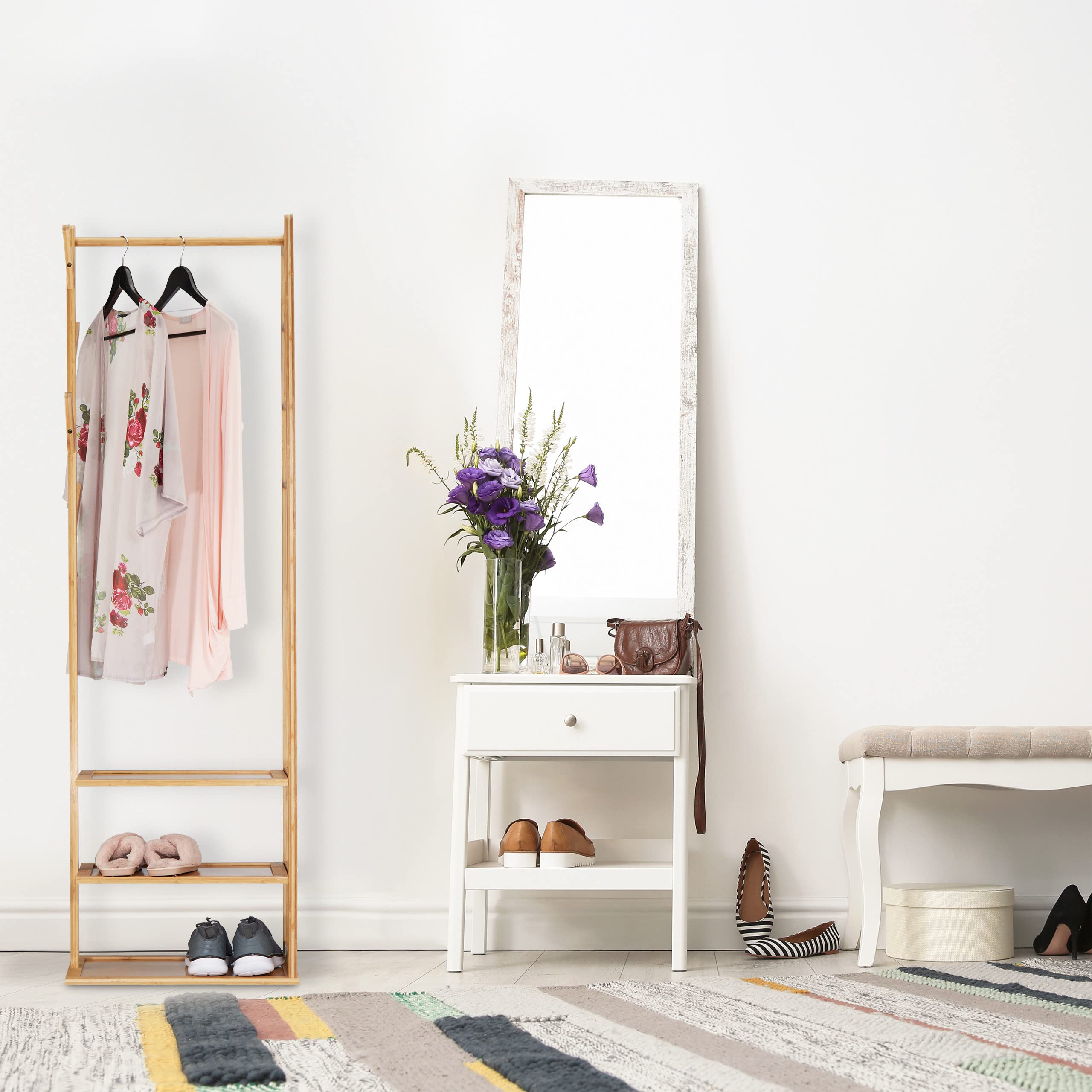 Relaxdays Clothes Rack Bamboo & MDF, HBD 164 x 49 x 28 cm, 3 Shelves, 4 Hooks with Clothes Rod, Wardrobe Rack, Nature Relaxdays Clothes Rack Bamboo & MDF, HBD 164 x 49 x 28 cm, 3 Shelves, 4 Hooks with Clothes Rod, Wardrobe Rack, Nature