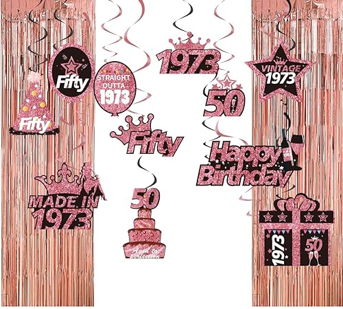 Decoración de cumpleaños número 50 color oro rosa, cortina de flecos de oro rosa para damas, decoración de 50 cumpleaños, corrientes de techo,