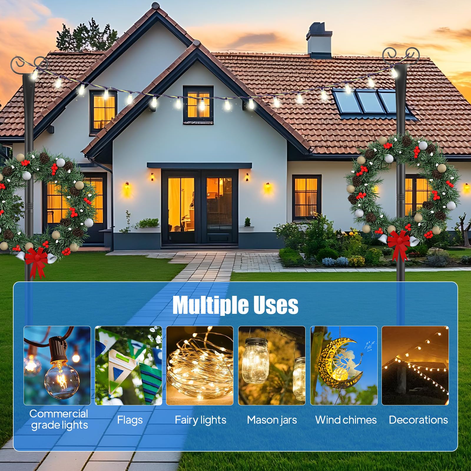 Juego de 2 Postes para Luces de Cadenita 2.7m, con 2 Ganchos en S por Poste, Acero al Carbono para Exterior, Jardín, Terraza, Fiestas, Navidad - Incl. Soportes y Tornillos