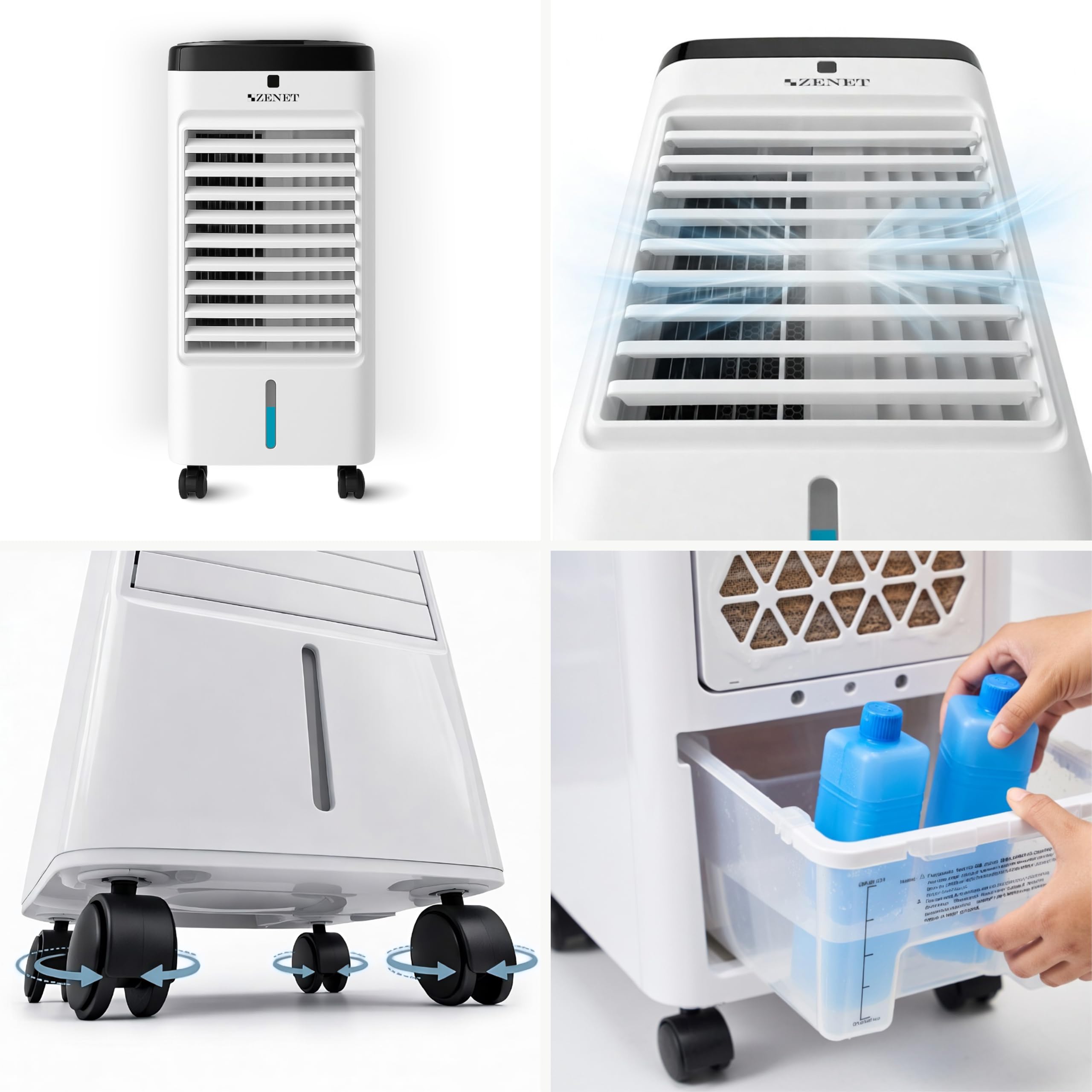 ZENET Aire Acondicionado Portátil 4 en 1, Climatizador Evaporativo 3.5L 65W | Ventilador con Agua, Enfriador, Humidificador, Purificador de Aire, Silencioso, Mando, para Hogar y Oficina, Sin Instalación