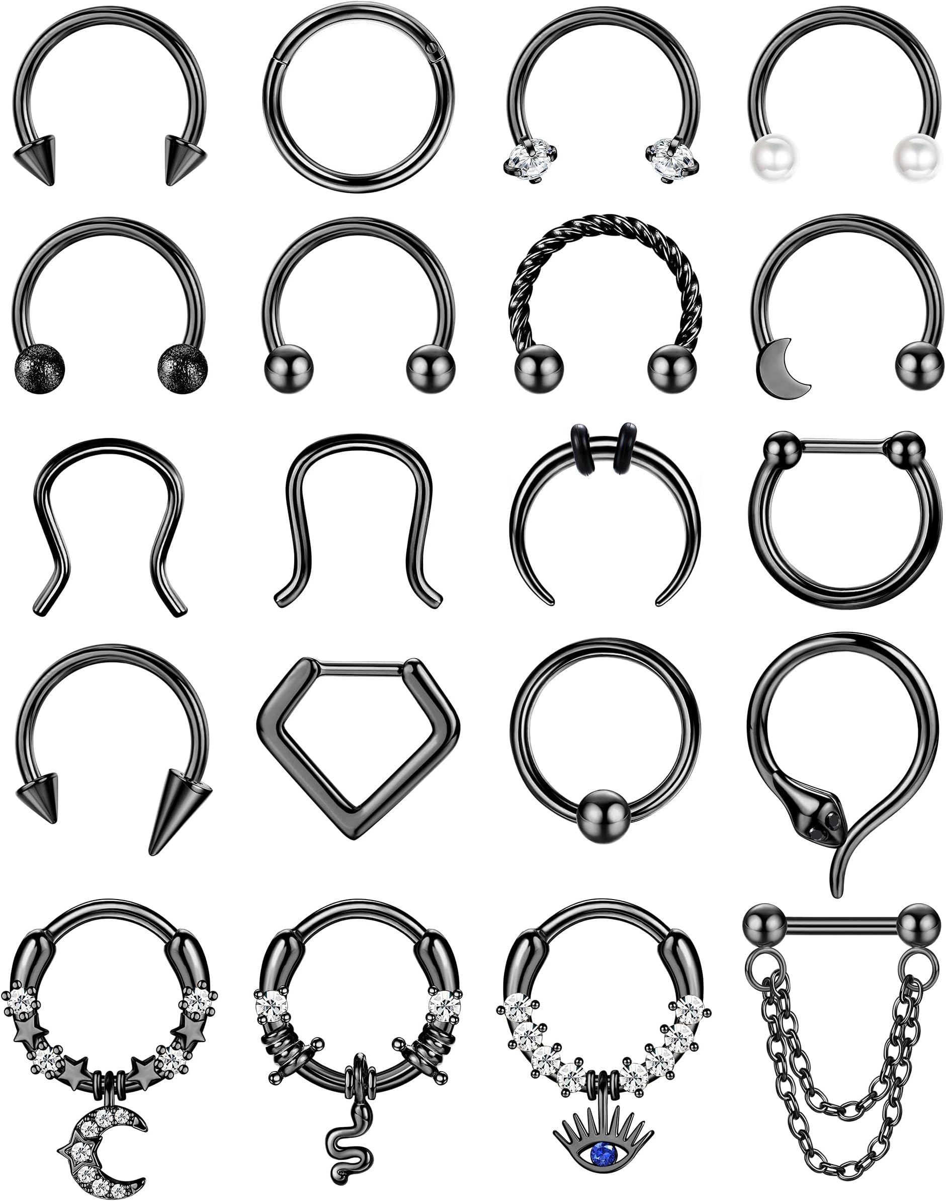 20PCS 16G Septum Nose Rings for Women - Hypoallergenic Surgical Steel daith piercing jewelry Cute CZ Dangle Hinged Clicker Lip Helix Tragus Daith Cartilage Earrings Hoop 10MM Gold Silver Black