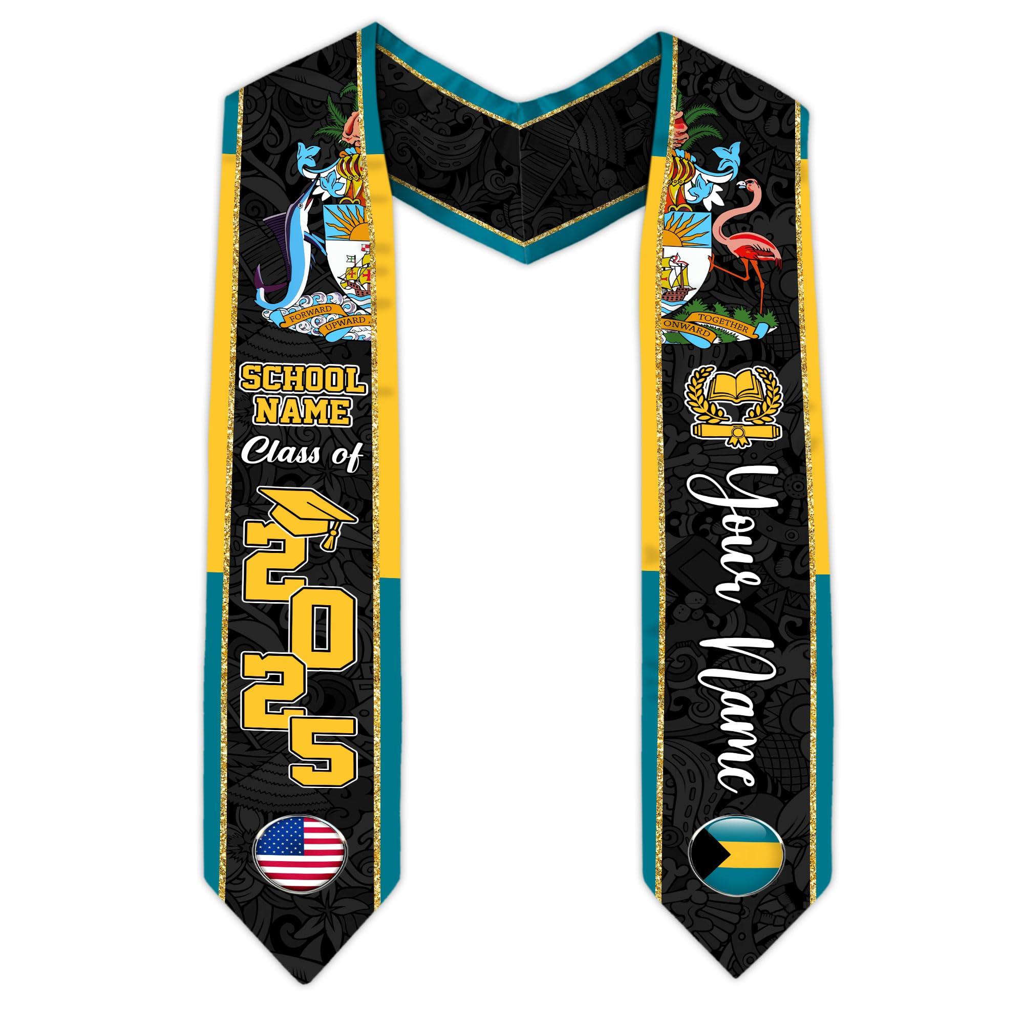 MonkeyVan Personalized Bahamas Graduation Stole, Bahamian Graduation Sash, Bahamas Flag Graduation Stole, Class of 2025 Bhm2