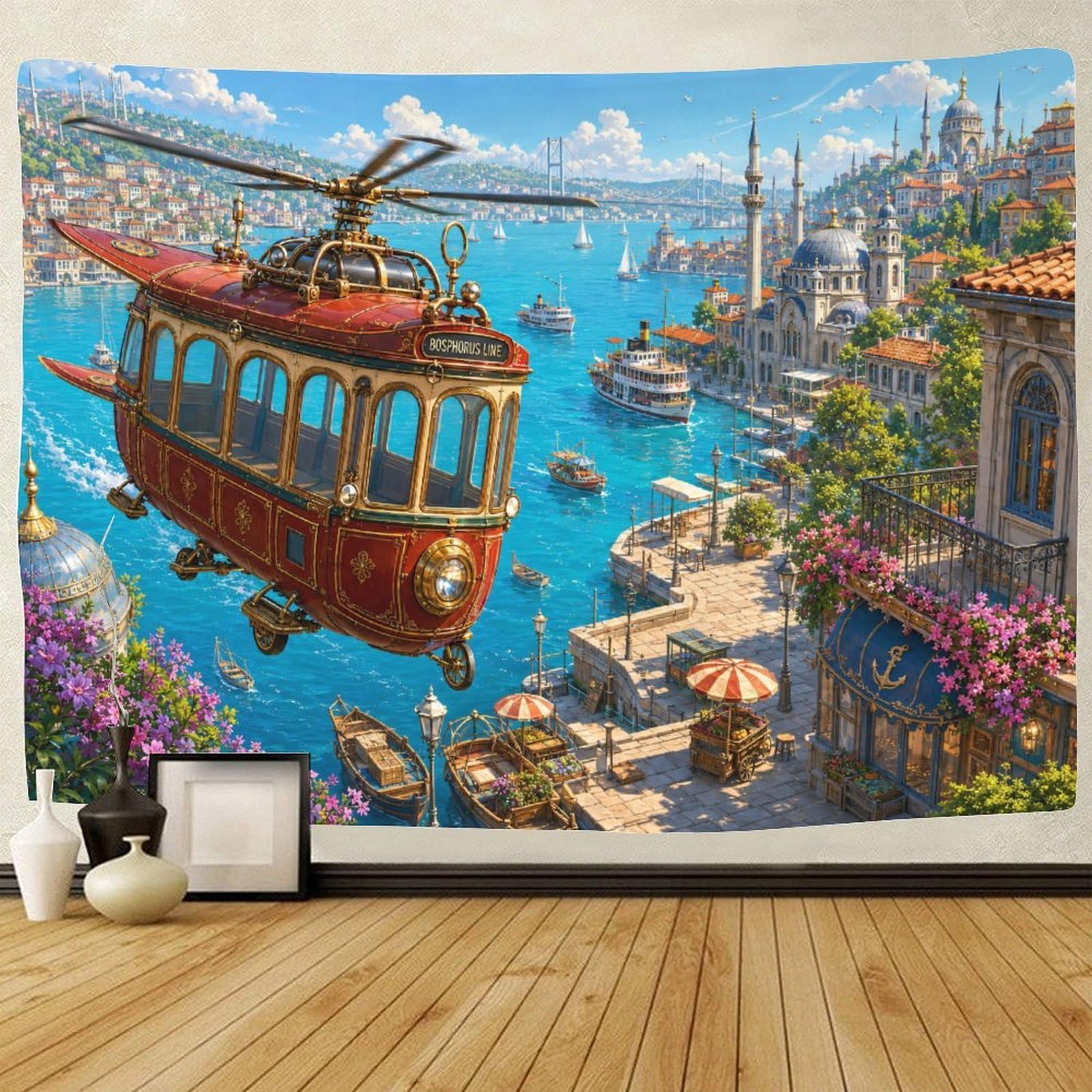 GPMNBCXZK Helicopters over The Bosphorus 3D Print Wall Art Decor Wall Tapestry Tapestries Home Decoration Curtain Bedroom Living Room 70cmx100cm