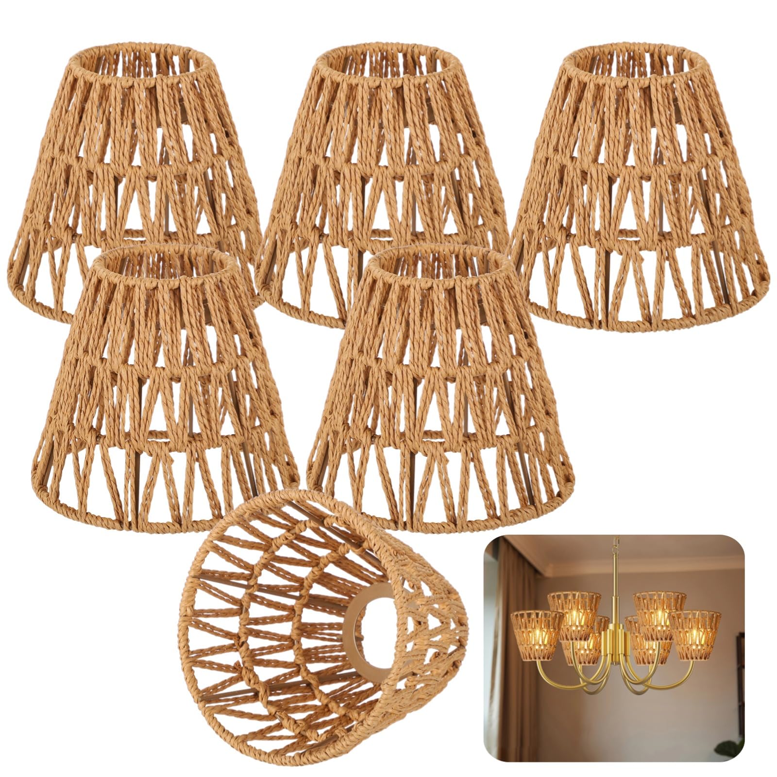 E27 Rattan Lamp Shade,Bell Woven Wicker Lampshades Replacement,Paper Rope & Metal Frame,Bohemian Style Light Shade Replacement for Table Lamps,Pendant Lights,Wall Lights (6)