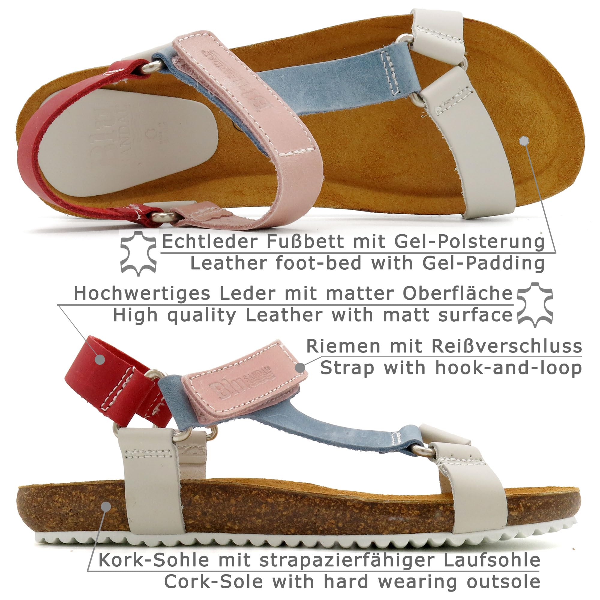 CASUAL Damen Leder Riemchen-Sandalen im Outdoor-Look mit Komfort Gel-Fußbett & Korksohle