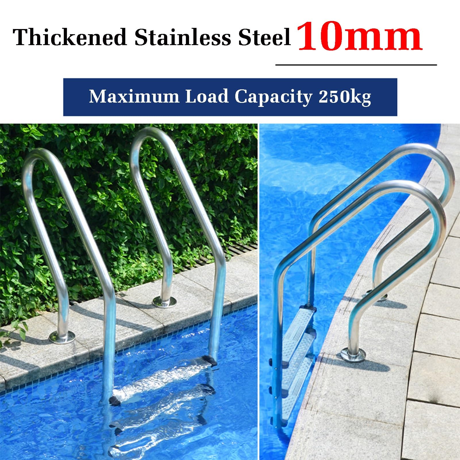 Escalera para Piscina elevada con pasamanos de Acero Inoxidable, soporta hasta 250 kg, con Base de Montaje rápido, Apta para Piscinas Cubiertas y Parques acuáticos Exteriores.