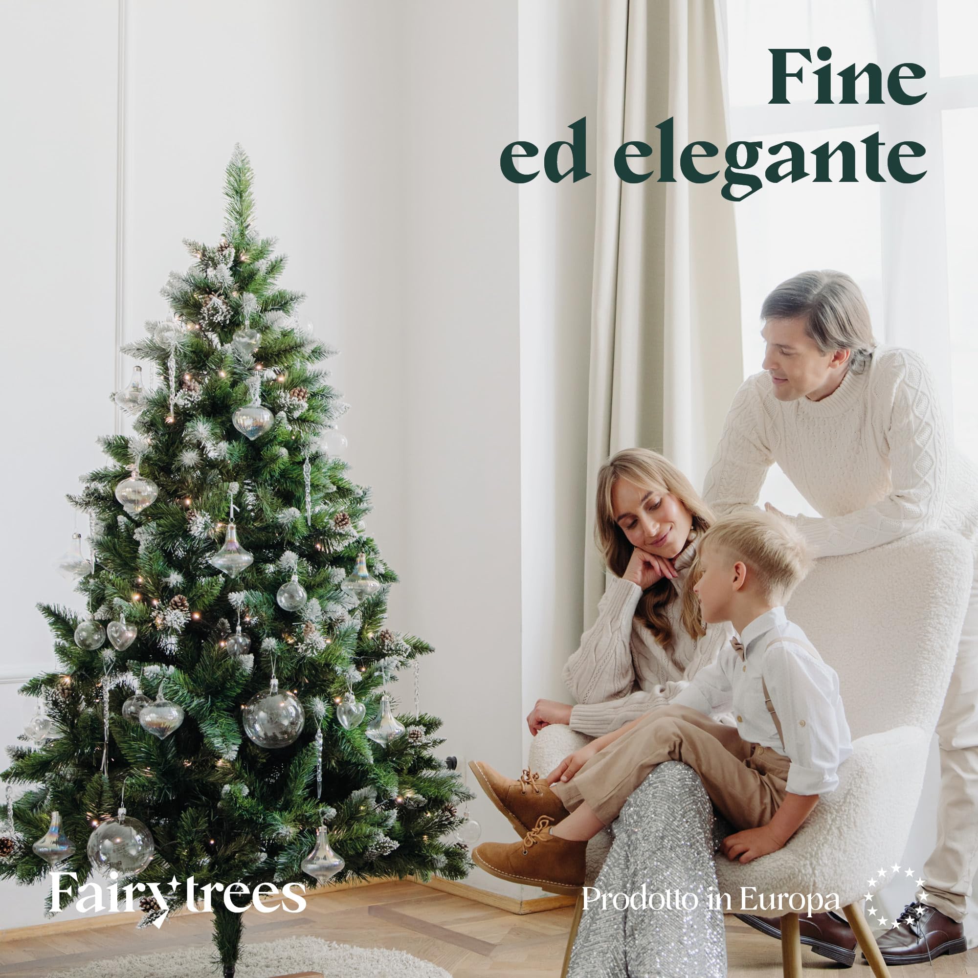 Albero di Natale artificiale FairyTrees 180cm pino naturale con supporto in legno | Abete di Natale con pigne naturali e punte bianche innevate | Facile da Montare | Prodotto in EU