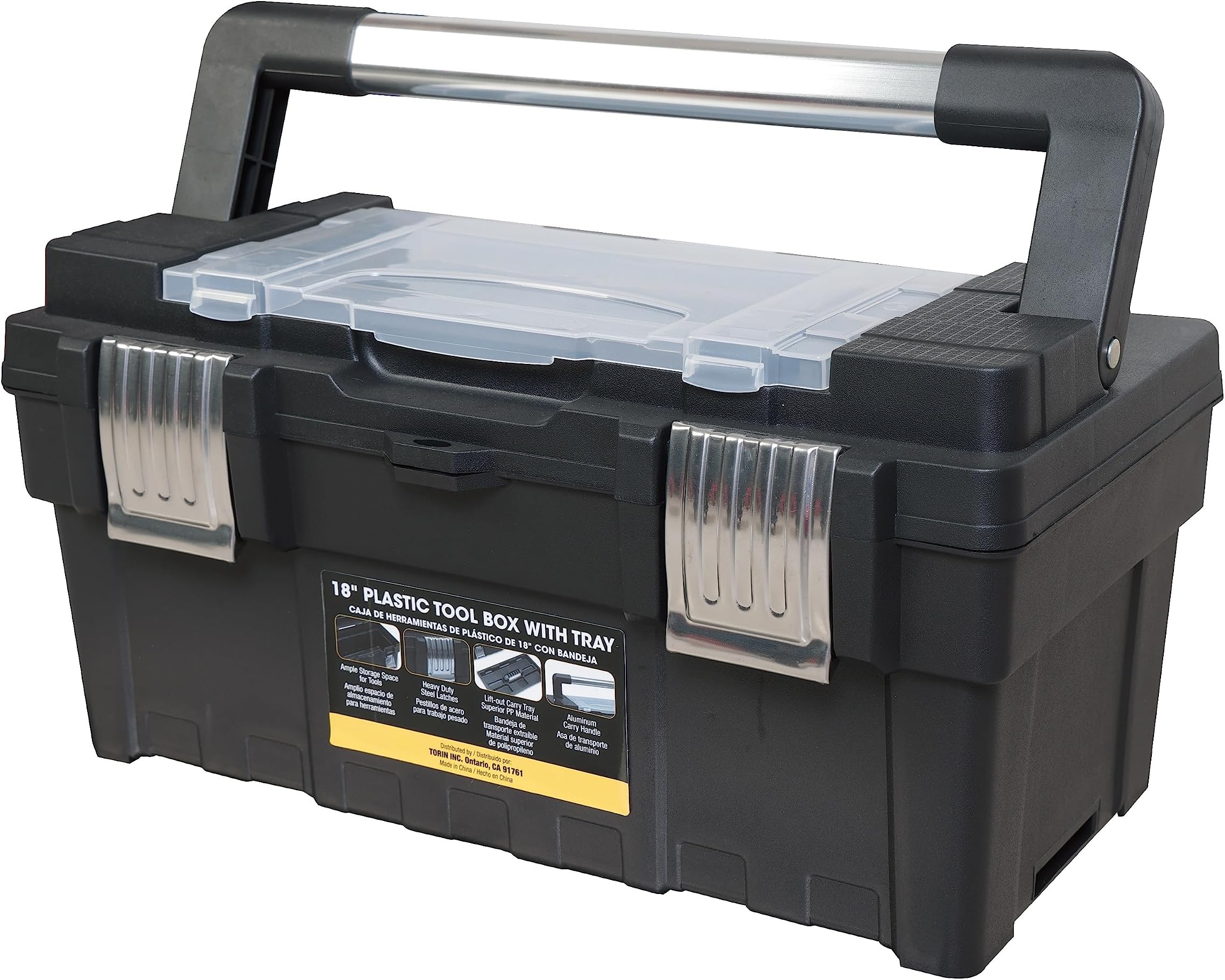 TorinATRJH-9019B Plastic Tool Box Organizer & Durable Tool Storage Box: Portable Removable Tray and Alum Alloy Handle Tool Box with 2 Metal Snap Lock for Enhanced Security, 18-Inch, Black