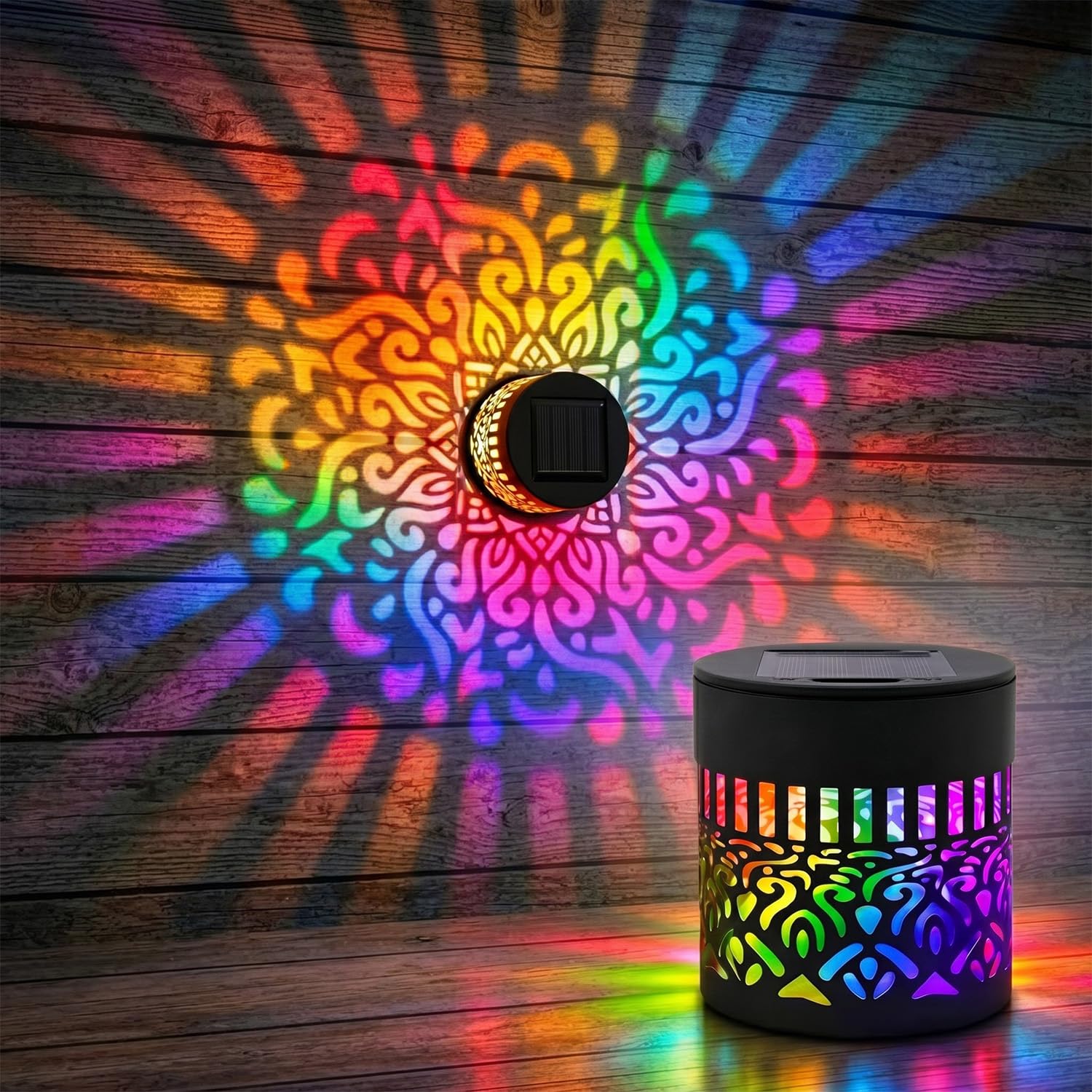 Solar Mandala Lights Outdoor Wall Projector,Decorative Color Changing Mandala Solar Lights for Fence,Garden,Patio,Yard Decor,Waterproof Metal Boho Night Lighting (1PC)