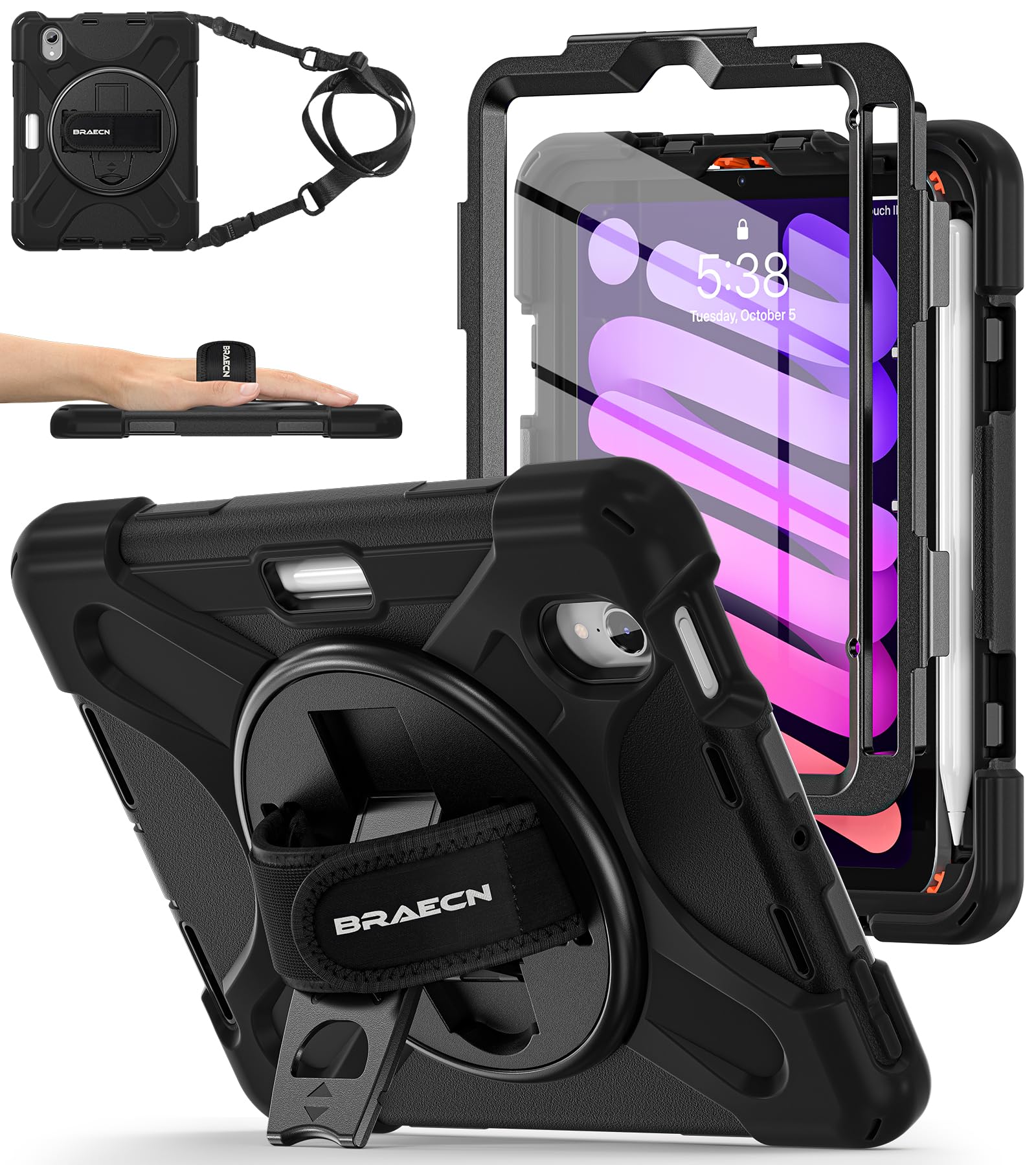 BRAECNstock Case for Apple iPad mini 7 (A17 Pro) 2024/ Mini 6 2021 8.3", Rugged Protective with Screen Protector, Pencil Holder, Rotating Hand Strap & Stand, iPad mini 7th/6th Gen Case Kids, Black