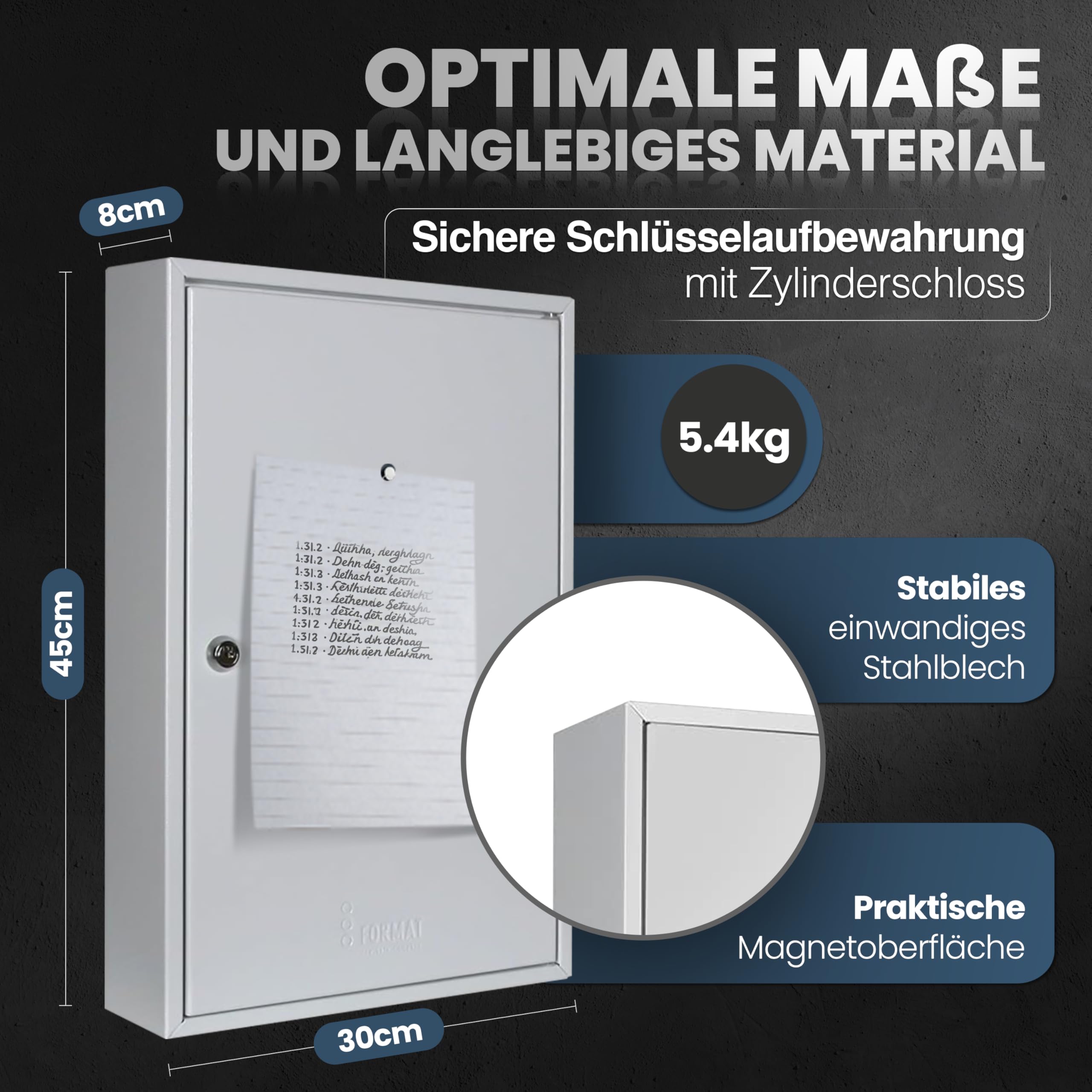Schlüsselkasten SD64 – Schlüsselschrank mit 64 Haken, robuste Schlüsselbox aus Stahl, abschließbarer Safe, magnetische Außenseite, höhenverstellbare Leisten, Wandmontage (45x30x8cm)