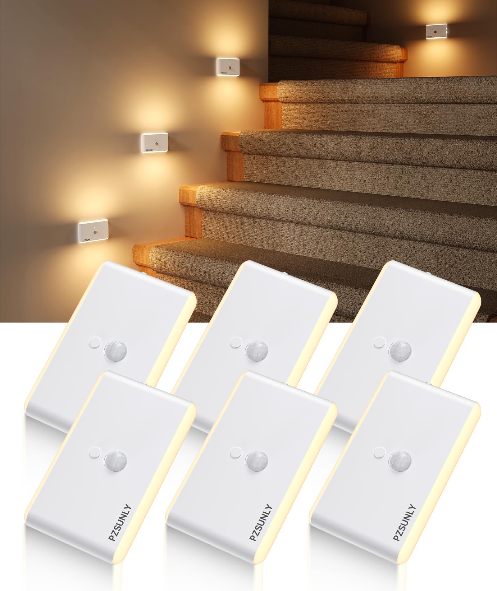 PZSUNLY Night Light, 6 Pieces Indoor Motion Sensor Light, 5 Colors RGB Dimmable LED Lights with 3 Modes, Motion Sensor Night Lamp for Stairs, Bedrooms, Kitchens