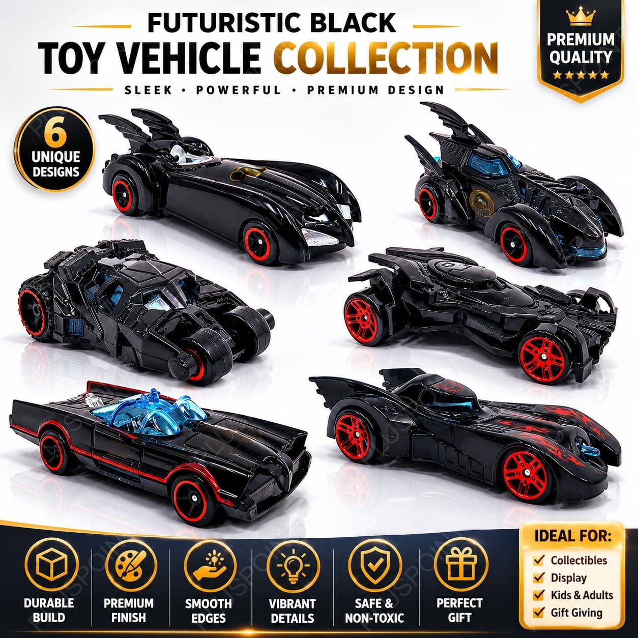 PLUSPOINT Black Super Hero Metal Cars Set Push N Go 6 Pc Vehicles, Racing Cars Play Set for Toddlers,Boys Die-Cast Car Set, Cake Decorations Topper Birthday Gift(Bat 6pc) 1