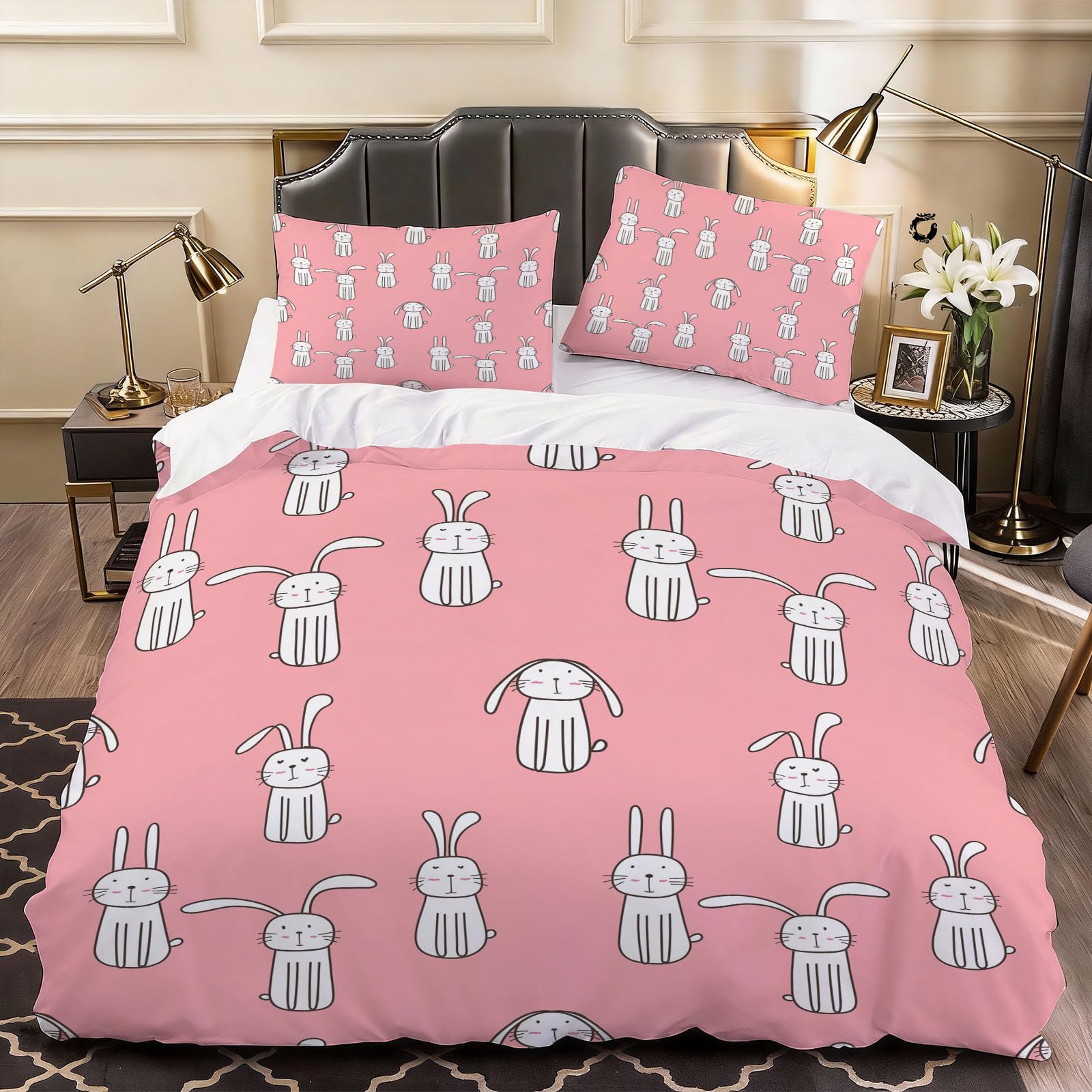 3D Animal Rabbit Duvet Cover Cartoon Bedding Double Bed Set, Soft Microfiber Comforter Cover Printed with Zipper Closure Quilt Coverr 200x200 cm and 2 Pillowcases