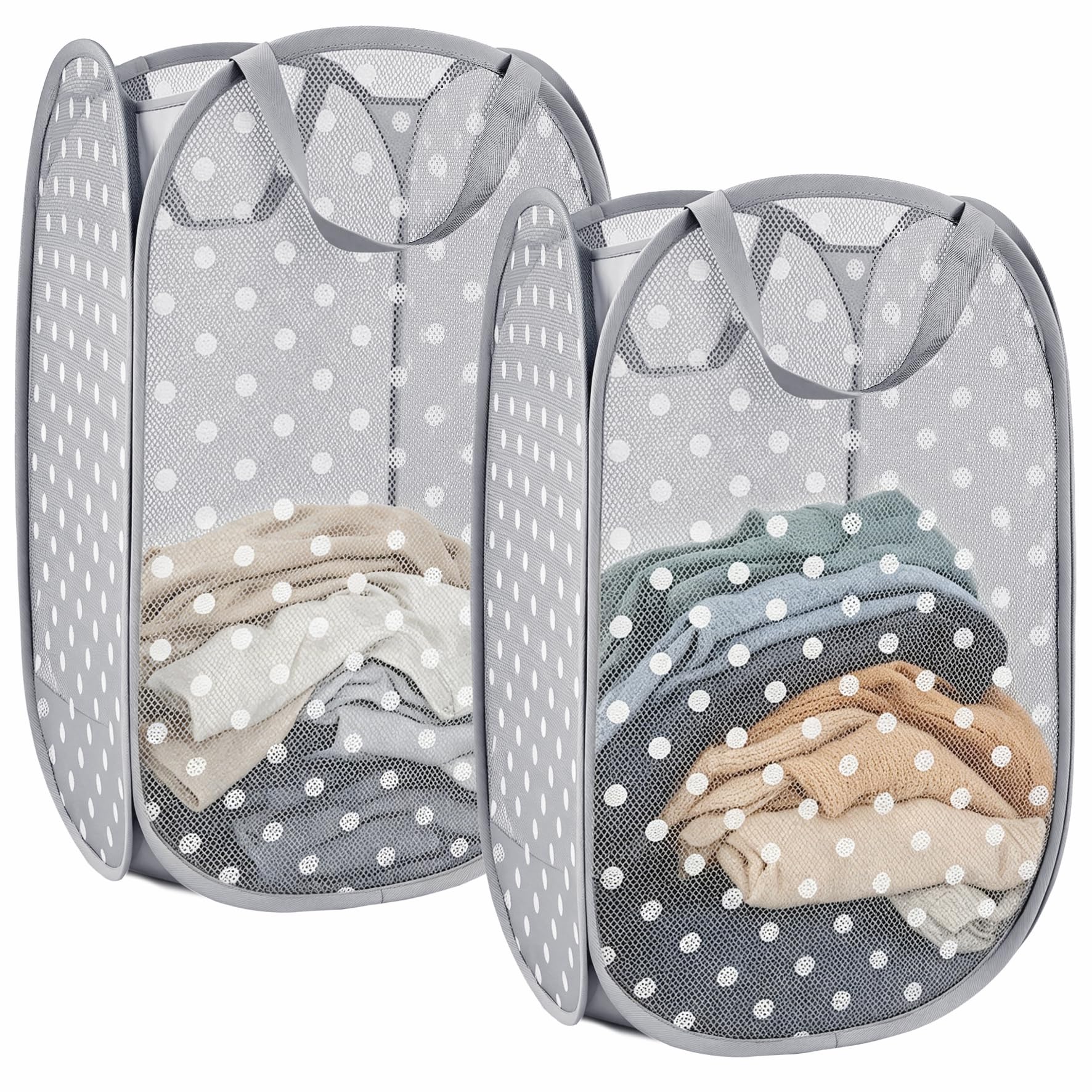 BOSNONA Pop Up Laundry Baskets 2 Pack 75L Pop Up Laundry Hamper Foldable Laundry Basket for Bedroom Dorm Travel (Grey Dots(2 Vertical)) โ image 1