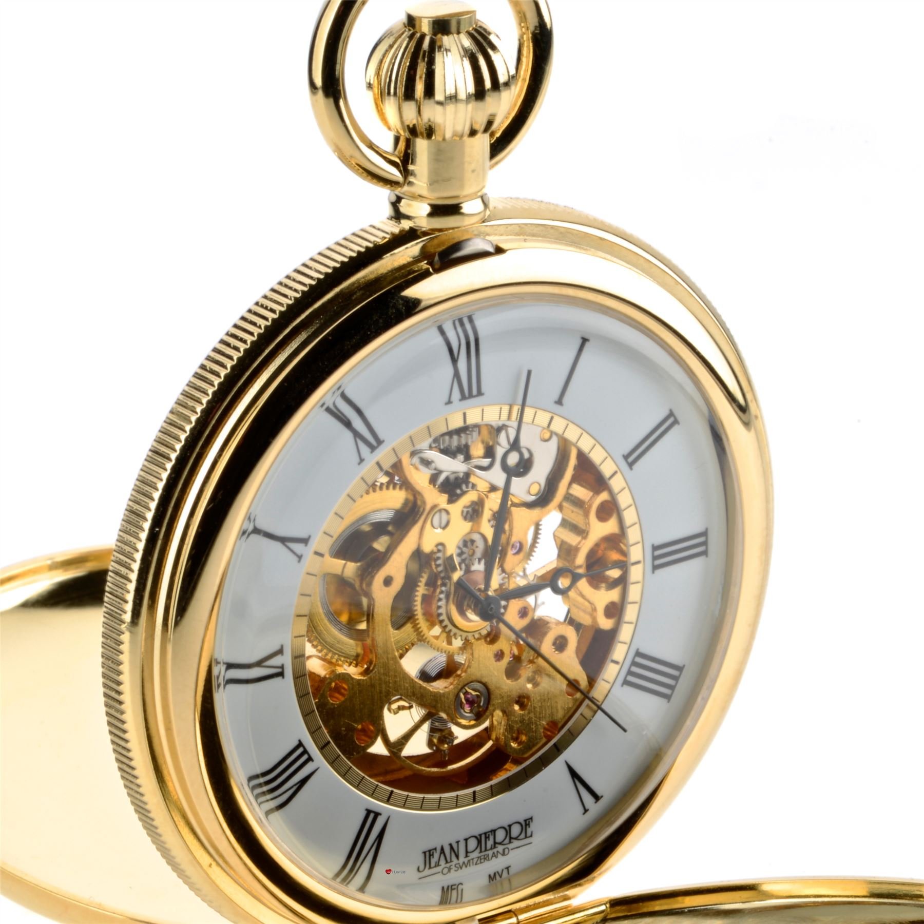 I LUV LTD Skeleton Double Hunter Pocket Watch 17 Jewelled Mechanical Gold Plated Case