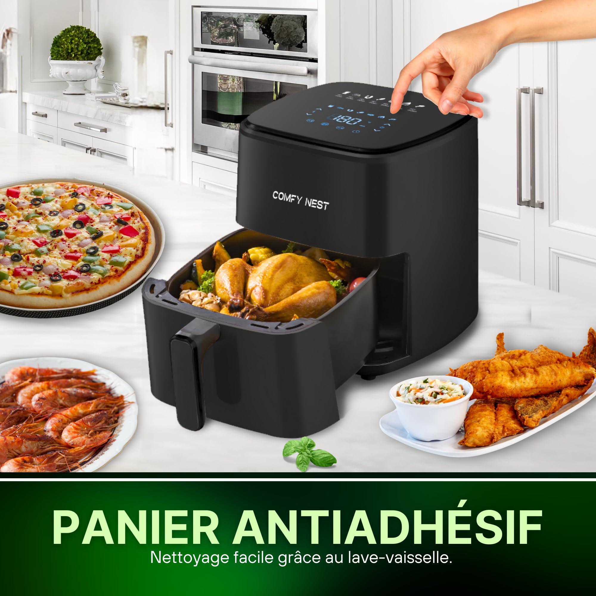 Comfy Nest Friteuse à air CNAFD45WB 2400W avec double panier et fenêtre
