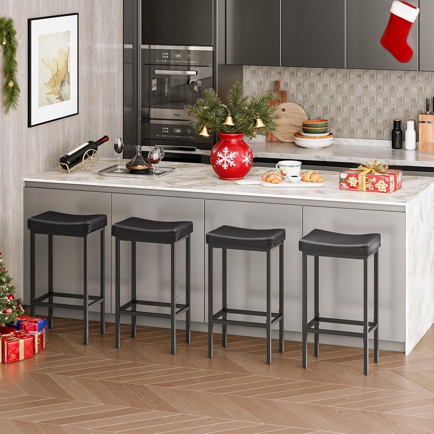 hoobro bar stools,set of 4 bar chairs, counter height stools, saddle barstools, set of 4 kitchen stools, 24.8 inches barstools, 2.4" thick upholstery, for kitchen, dining room, black bb10byp401 4 black