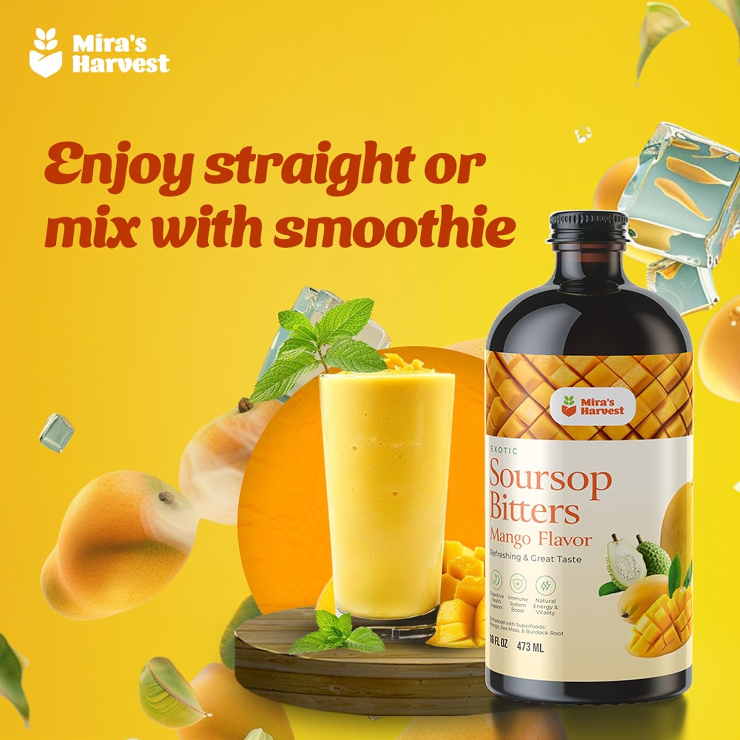 Mira's Harvest Soursop Bitters Liquid Mango Flavor, Premium Grade For Immune Boost, with Irish Moss, Burdock Root, African Mango 16oz