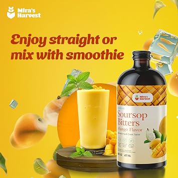Mira's Harvest Soursop Bitters Liquid Mango Flavor, Premium Grade For Immune Boost, with Irish Moss, Burdock Root, African Mango 16oz