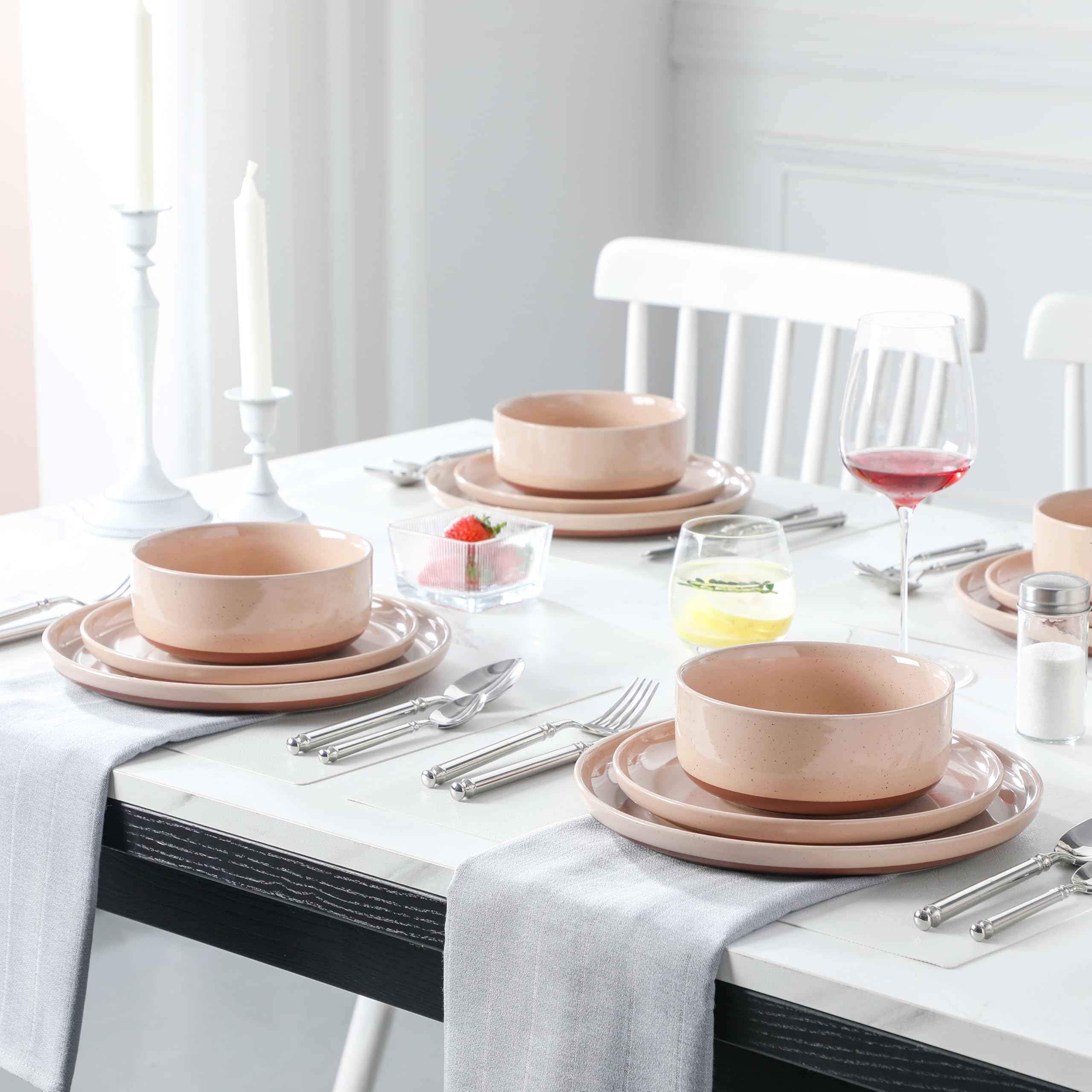 MALACASA Juego de platos y cuencos, juego de vajilla moderna de cerámica de 12 piezas para 4 platos de cocina, juego de vajilla de cerámica, apto para microondas y lavavajillas, rosa, serie TARA