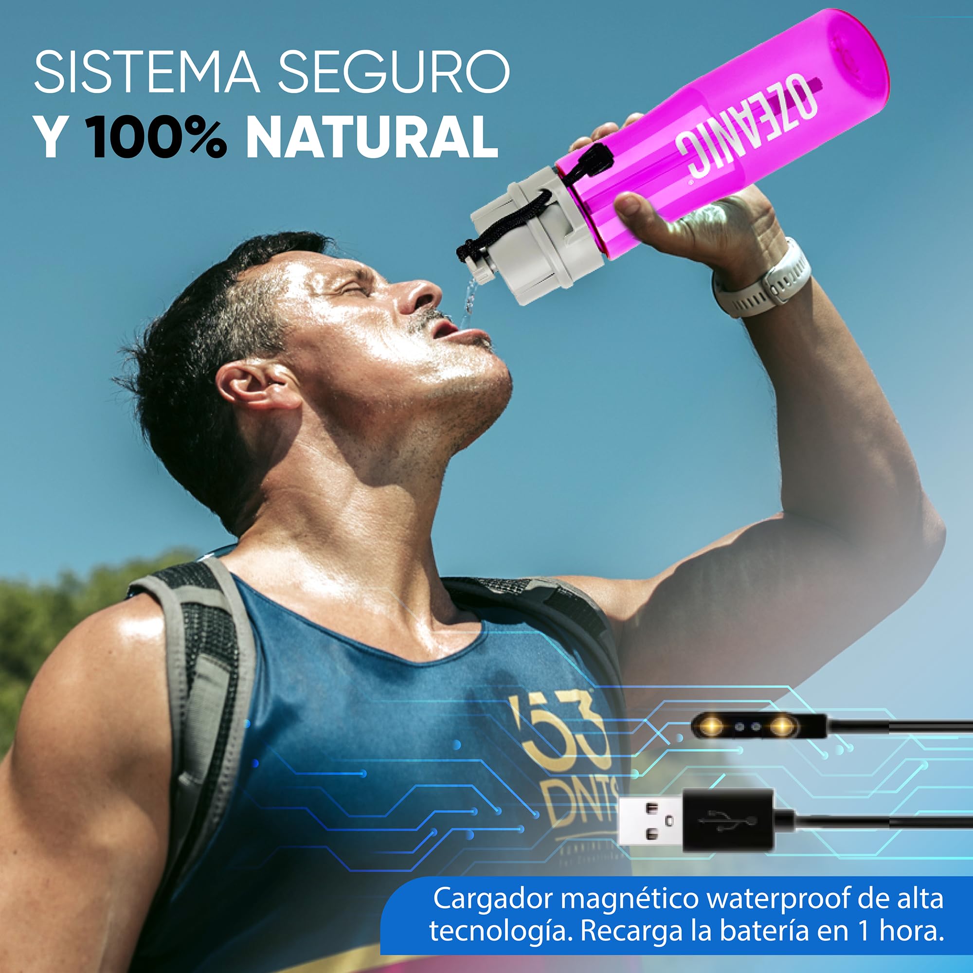 EcoBottle 2.0 750 ml Rosa – Botella Purificadora de Agua Reutilizable | Ozonizador de agua portátil | Elimina virus y bacterias | Sin filtros