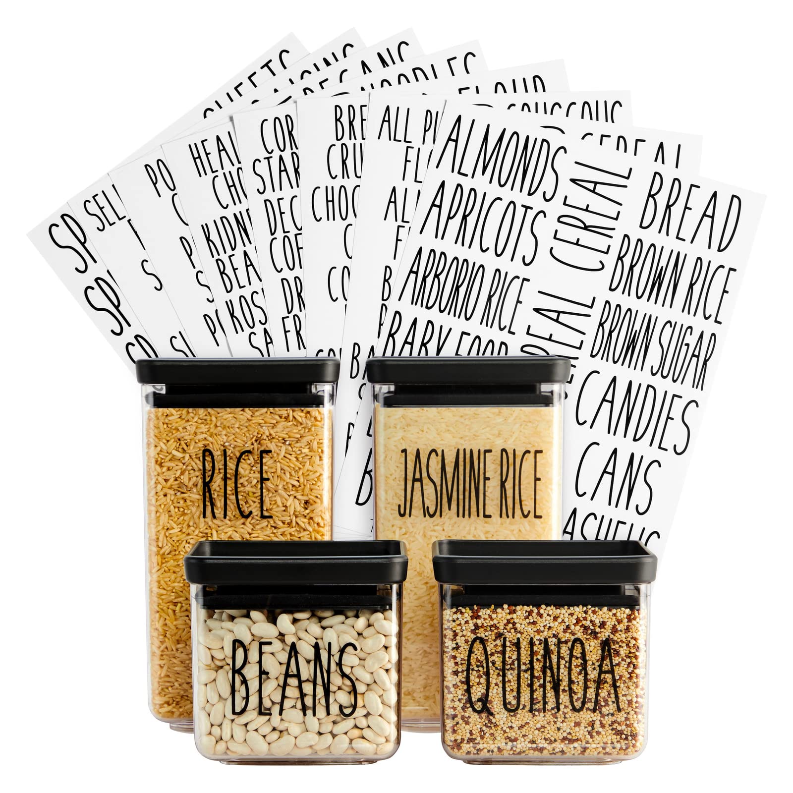 Talented Kitchen 136 Pantry Labels for Food Containers - Preprinted Black All-Caps on Clear Kitchen Food Labels for Organizing Storage Canisters & Jars (Water Resistant)