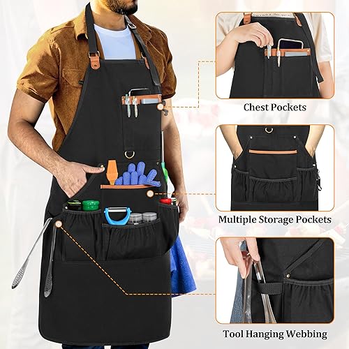 Miniatura 3 de Delantal profesional para barbacoa, delantal de cocina grande con múltiples bolsillos para herramientas de barbacoa, delantal de trabajo utilitario