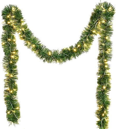 Gomat Guirnalda de Navidad de pino de 33 pies con 100 luces LED guirnalda de pino artificial para interiores y exteriores puerta de jardín