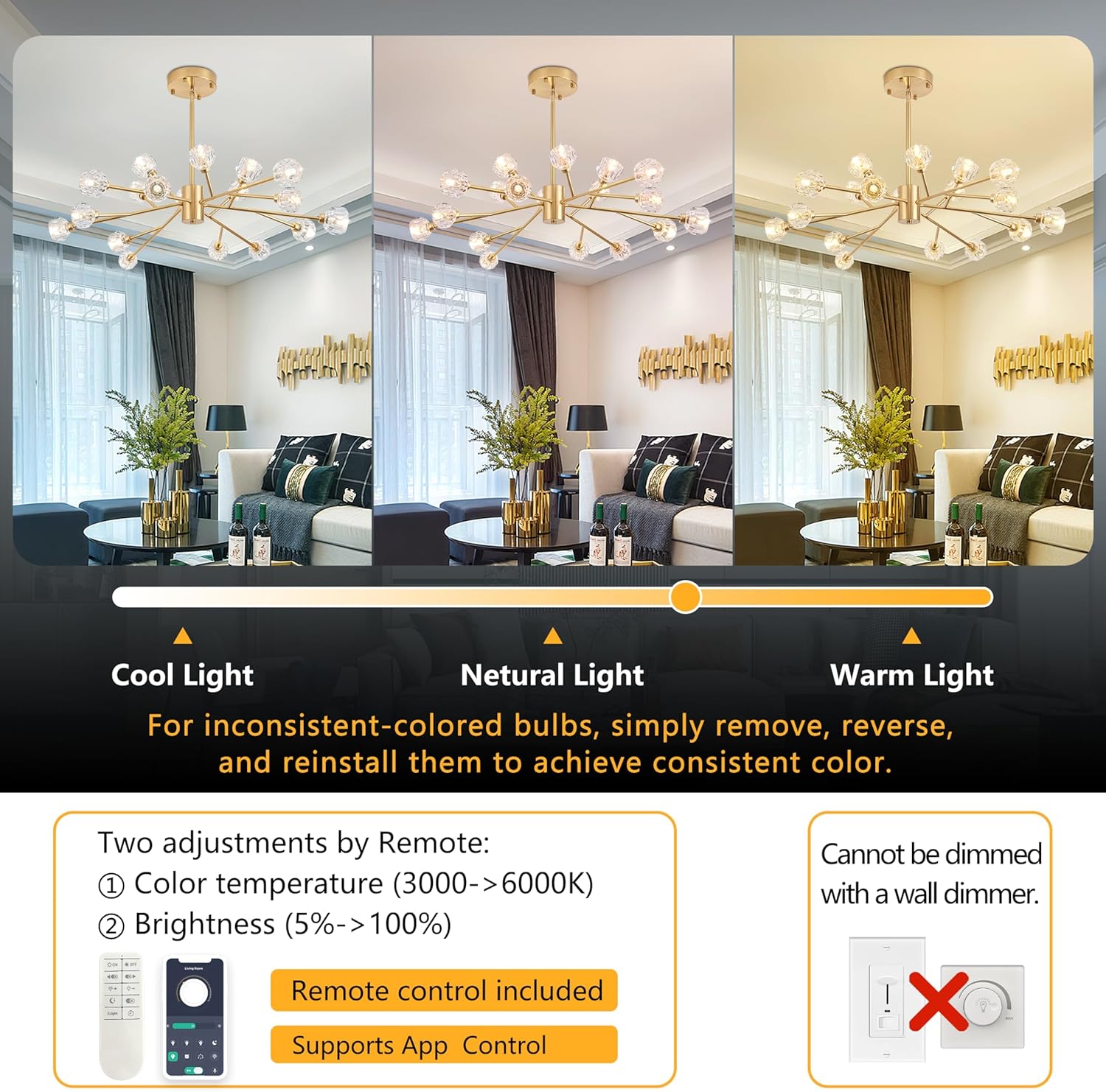 47.2" Gold Sputnik Chandeliers 18 Lights Modern Crystal Sputnik Chandelier Modern Crystal Pendant Light Chandelier Branches Chandeliers for Bedroom Kitchen Living Room (Dimmable Bulb & Remote Incl.)