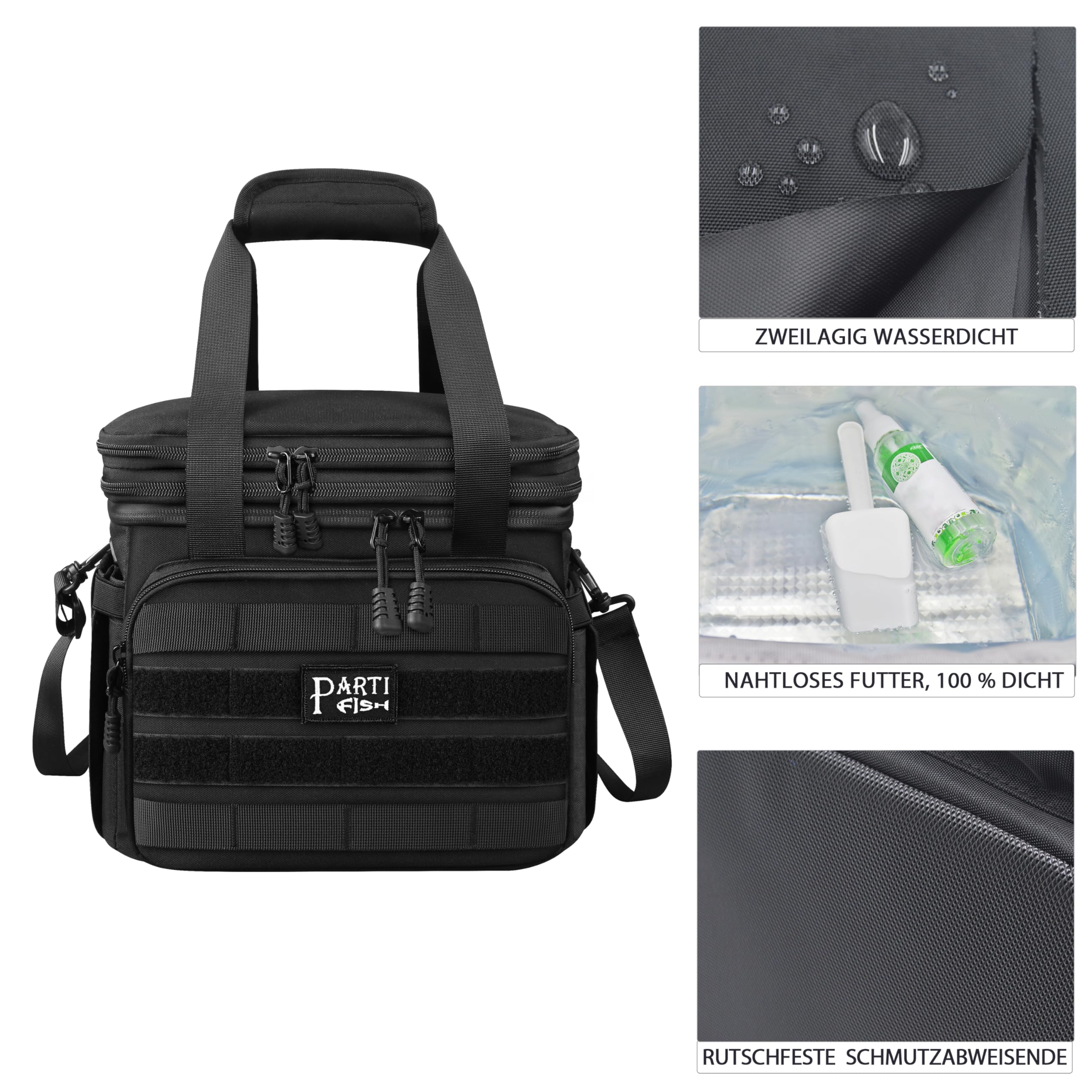 Kühltasche Faltbar Lunch Tasche Weich kühlbox für Herren Baustelle, Gross 15l 18l Erweiterbar 2-Decks 5-lagige Starke Isolierung Wasserdicht Auslaufsicher Lunch Bag, Groß, Taktisch, Schwarz