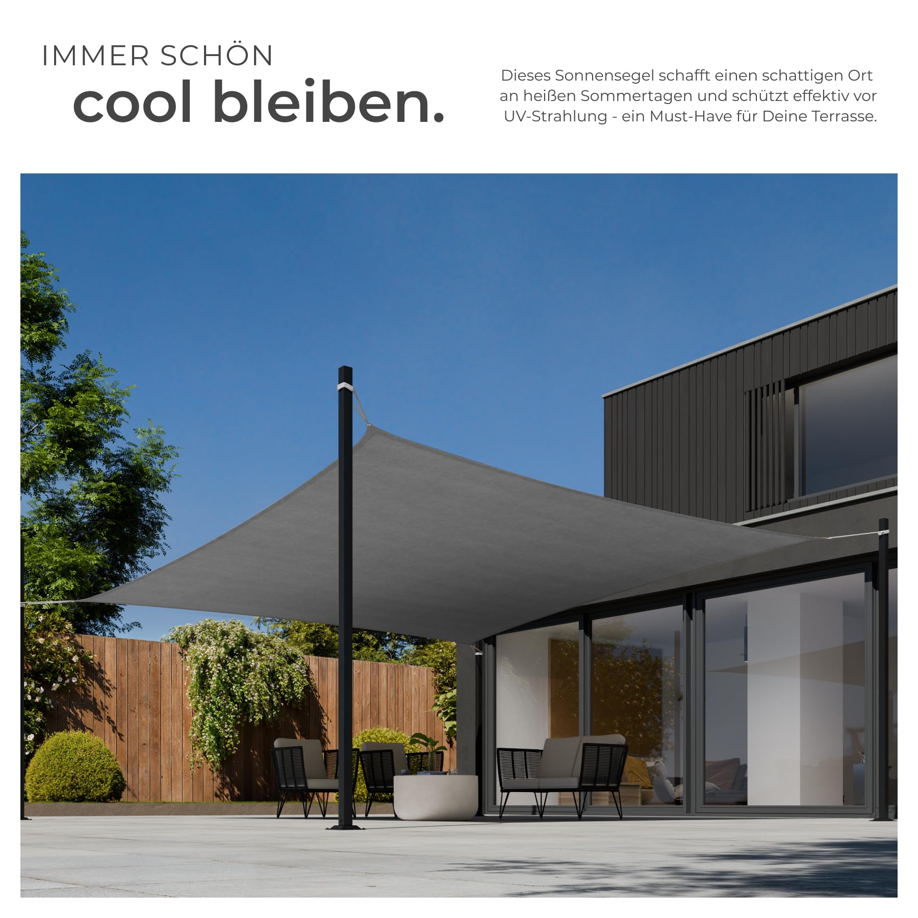 tectake® Sonnensegel mit UV Schutz, Sonnenschutz und Sichtschutz Balkon, Sichtschutz Garten, für Pergola, Windschutz Terrasse, mit Ösen und Spannseile - quadratisch grau