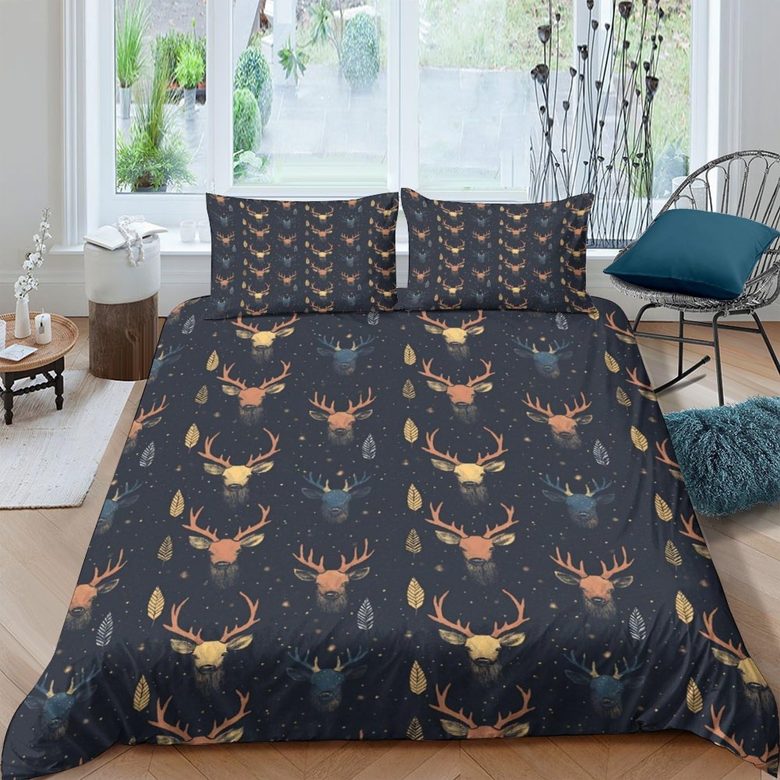 Ctjqhvkz Style-3 3D Printed Dark Deer Fitted Sheet Microfiber Soft Antlers Bed Cover For Bedroom Guestroom Mattress Protection Single（135X200cm）